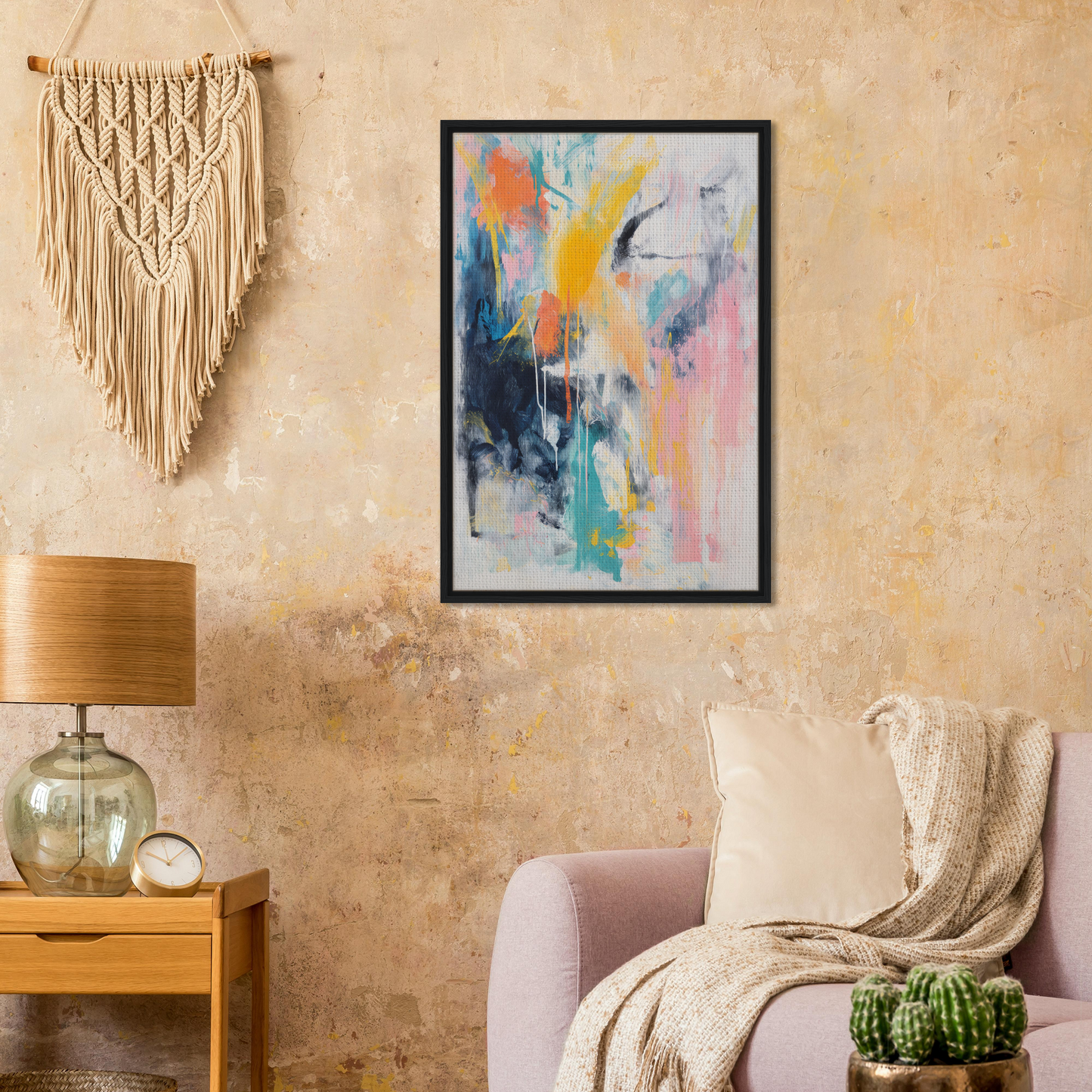 Abstract painting in black frame showcasing Vibrant Color Symphony with expressive brushstrokes