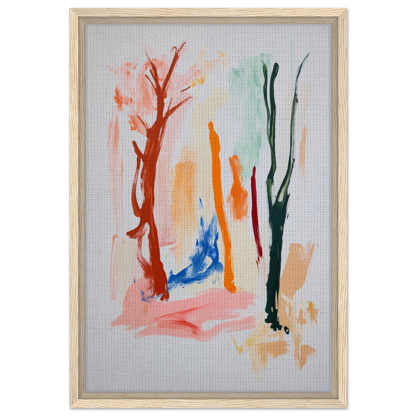 Abstract painting of vibrant brushstrokes resembling trees in Vibrant Echo Jungle framed canvas art