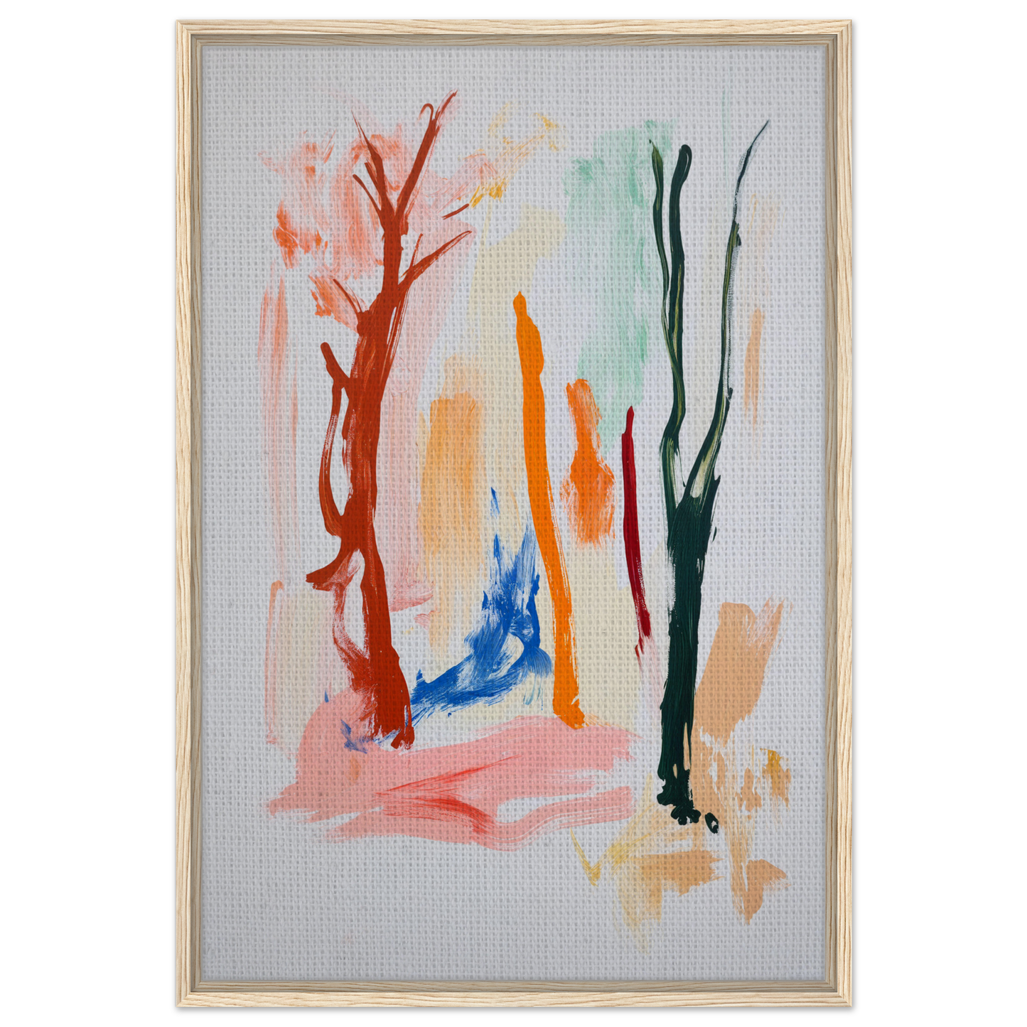 Abstract painting with colorful brushstrokes in Vibrant Echo Jungle framed canvas art