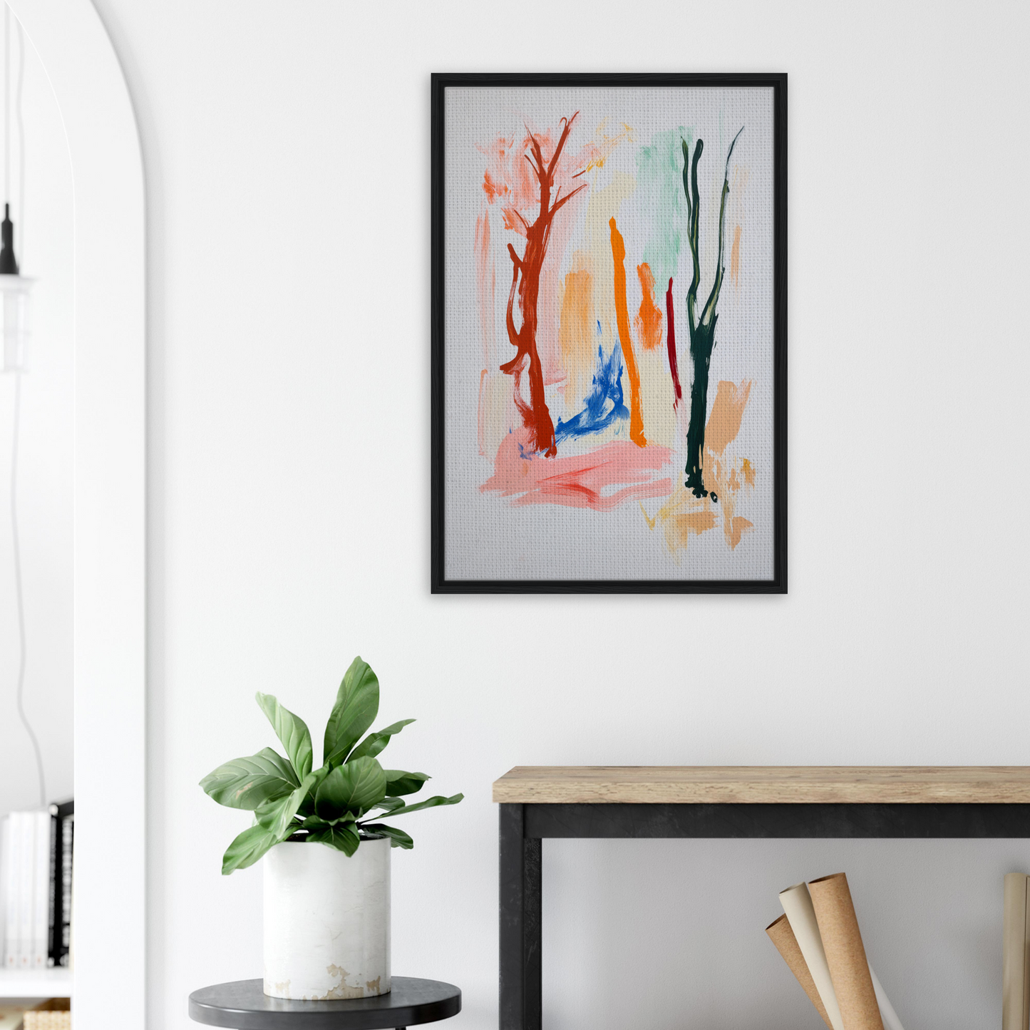 Abstract painting with colorful brushstrokes in a black frame for Vibrant Echo Jungle