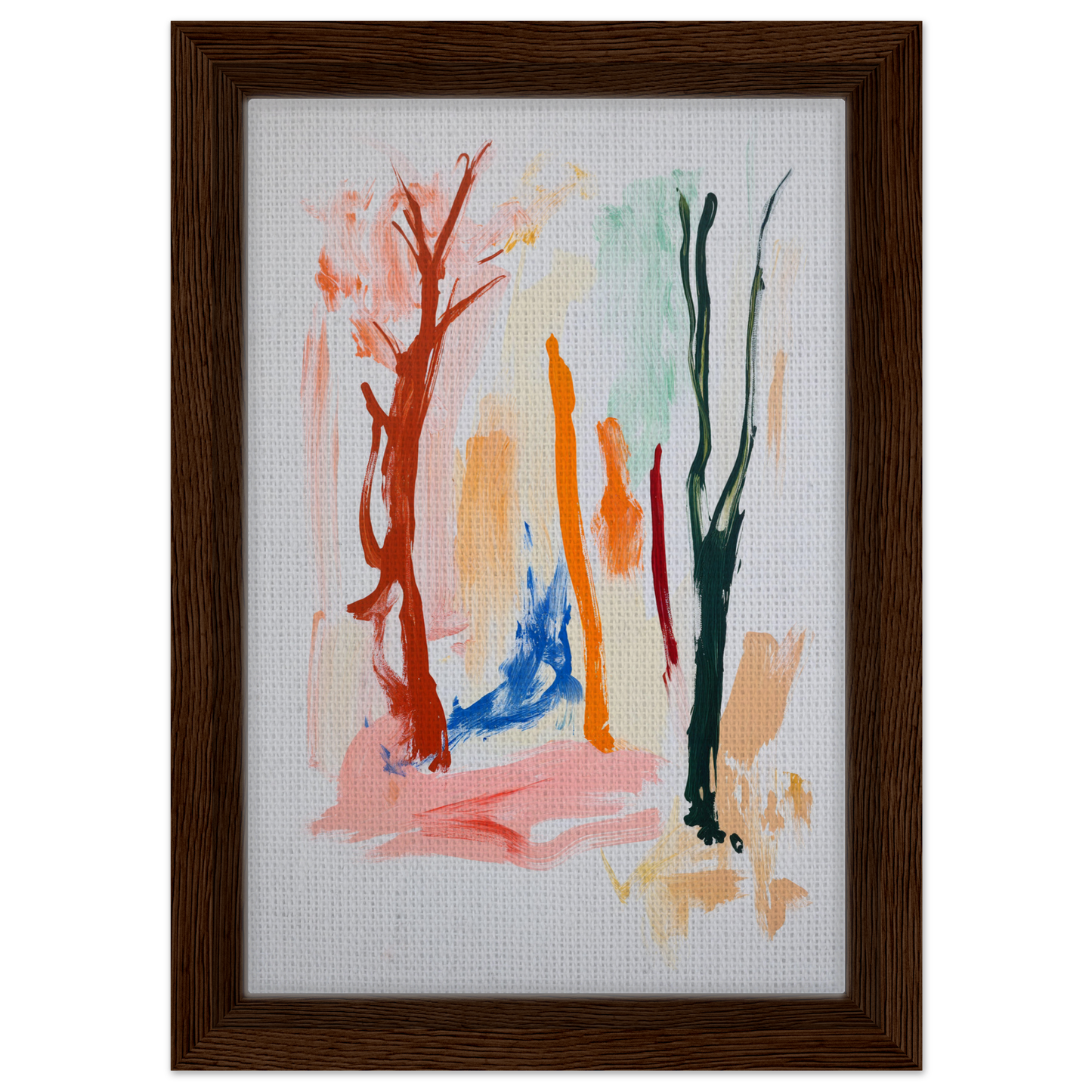 Abstract watercolor painting of colorful vertical shapes in Vibrant Echo Jungle framed canvas art