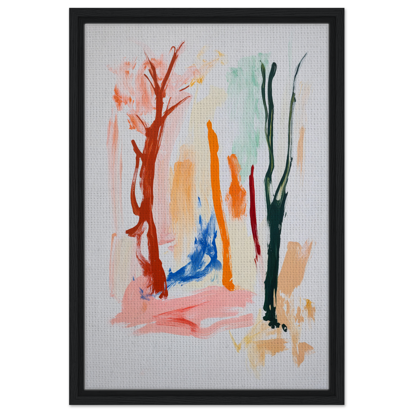 Abstract painting with colorful vertical brushstrokes in Vibrant Echo Jungle framed canvas art