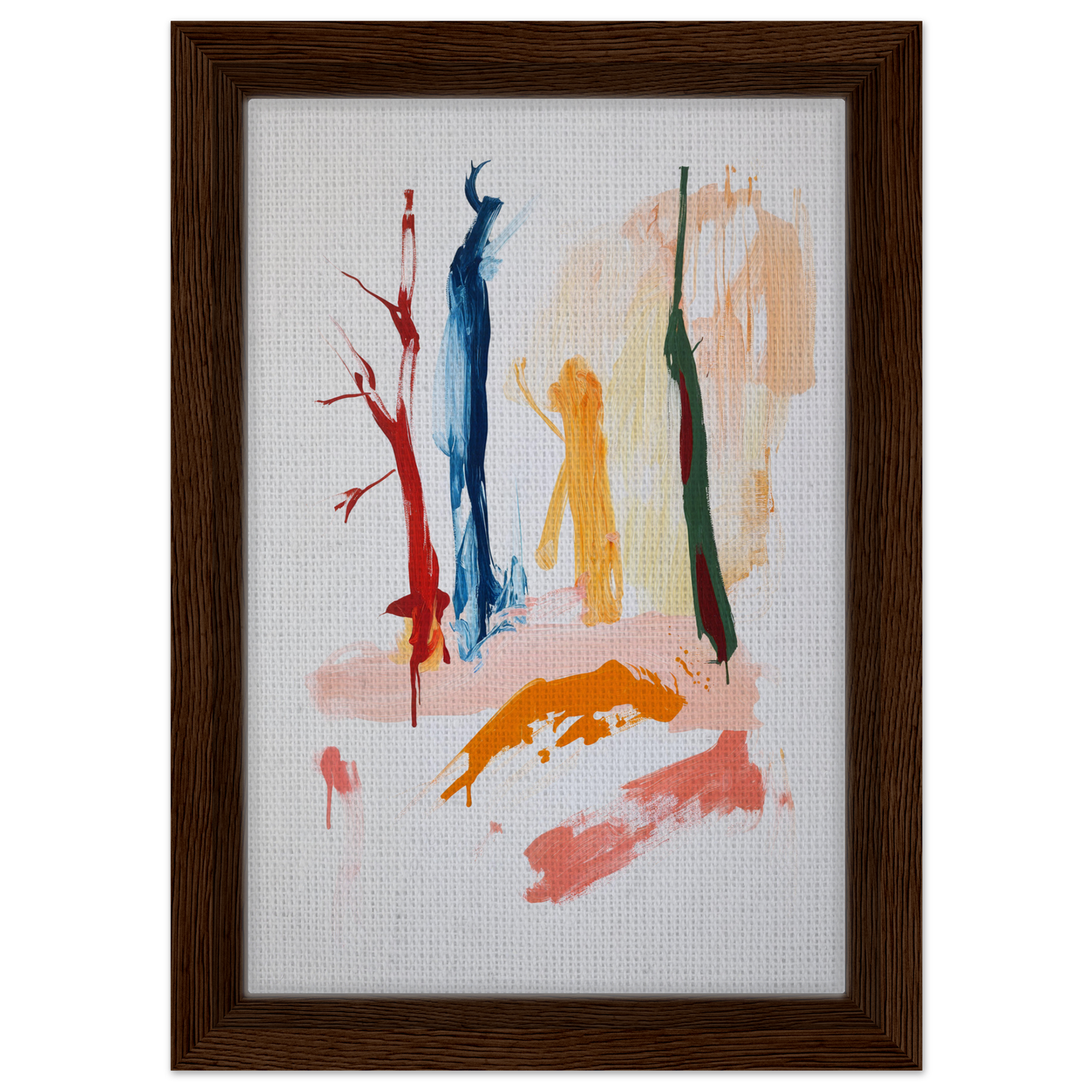Abstract painting with colorful vertical brushstrokes in dark wood frame for Vibrant Reds Dance