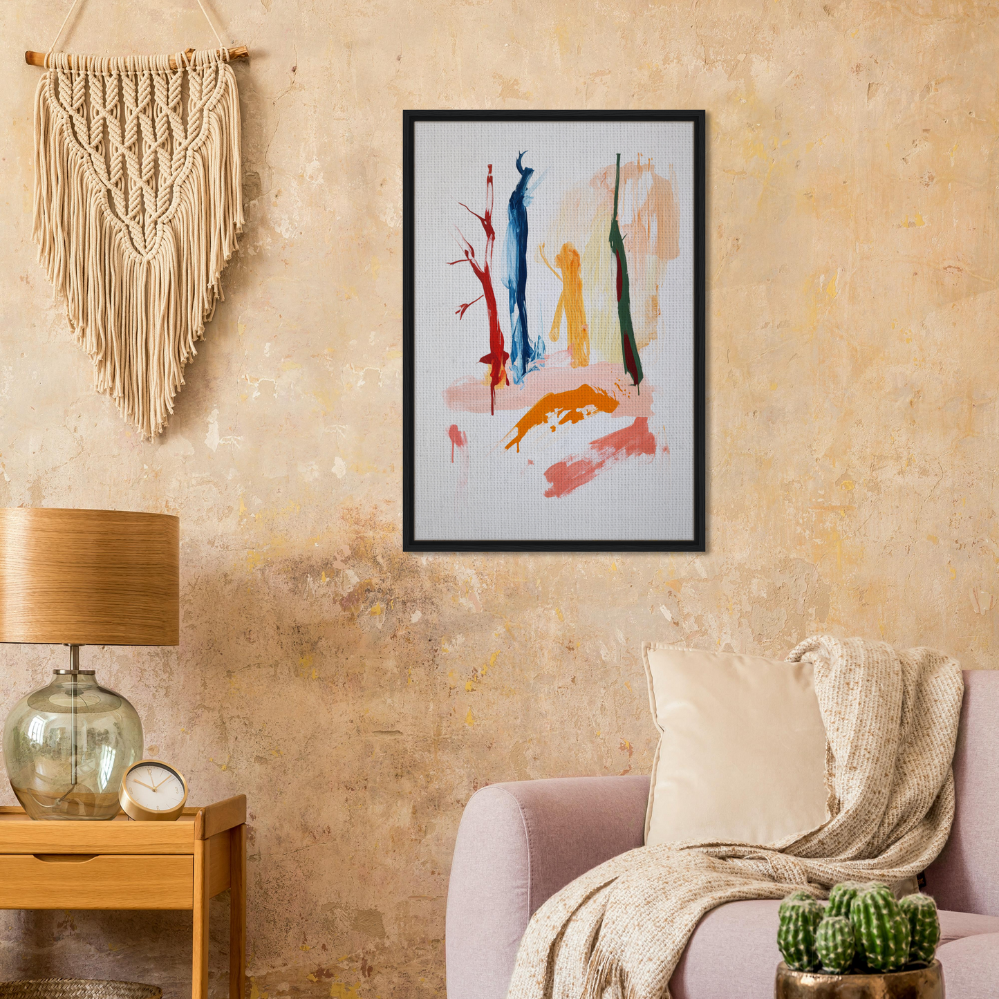Framed canvas art titled Vibrant Reds Dance showcasing colorful brushstrokes and shapes