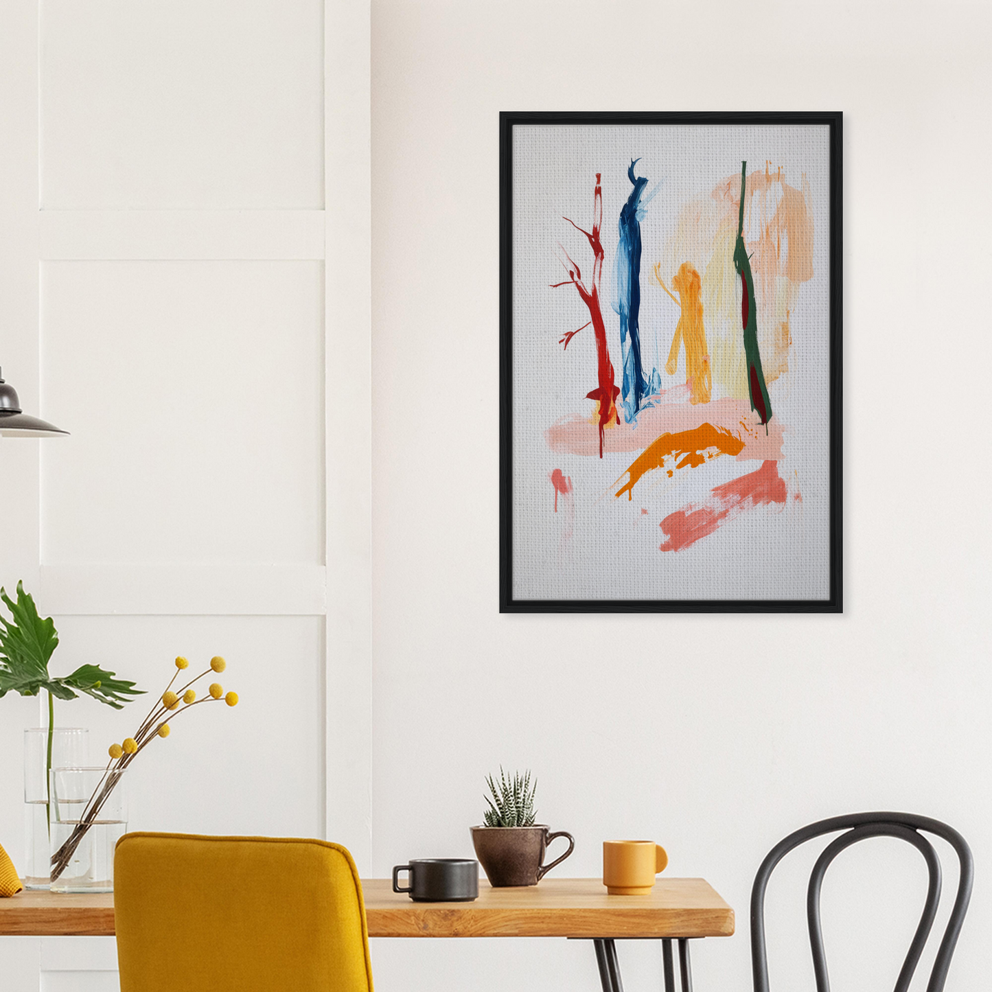 Abstract painting with colorful vertical brushstrokes in a black frame, Vibrant Reds Dance