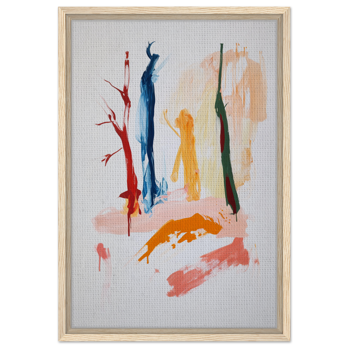 Abstract painting of colorful vertical brushstrokes, Vibrant Reds Dance framed canvas art