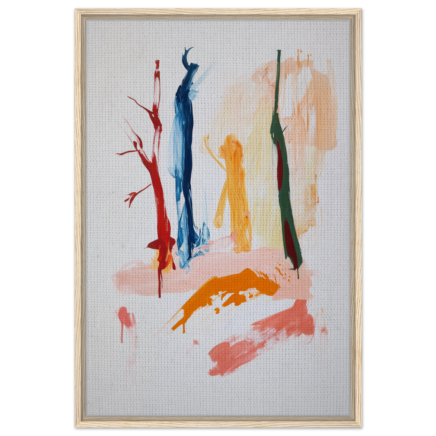 Abstract painting showcasing vibrant reds dance in vertical figures for framed canvas art