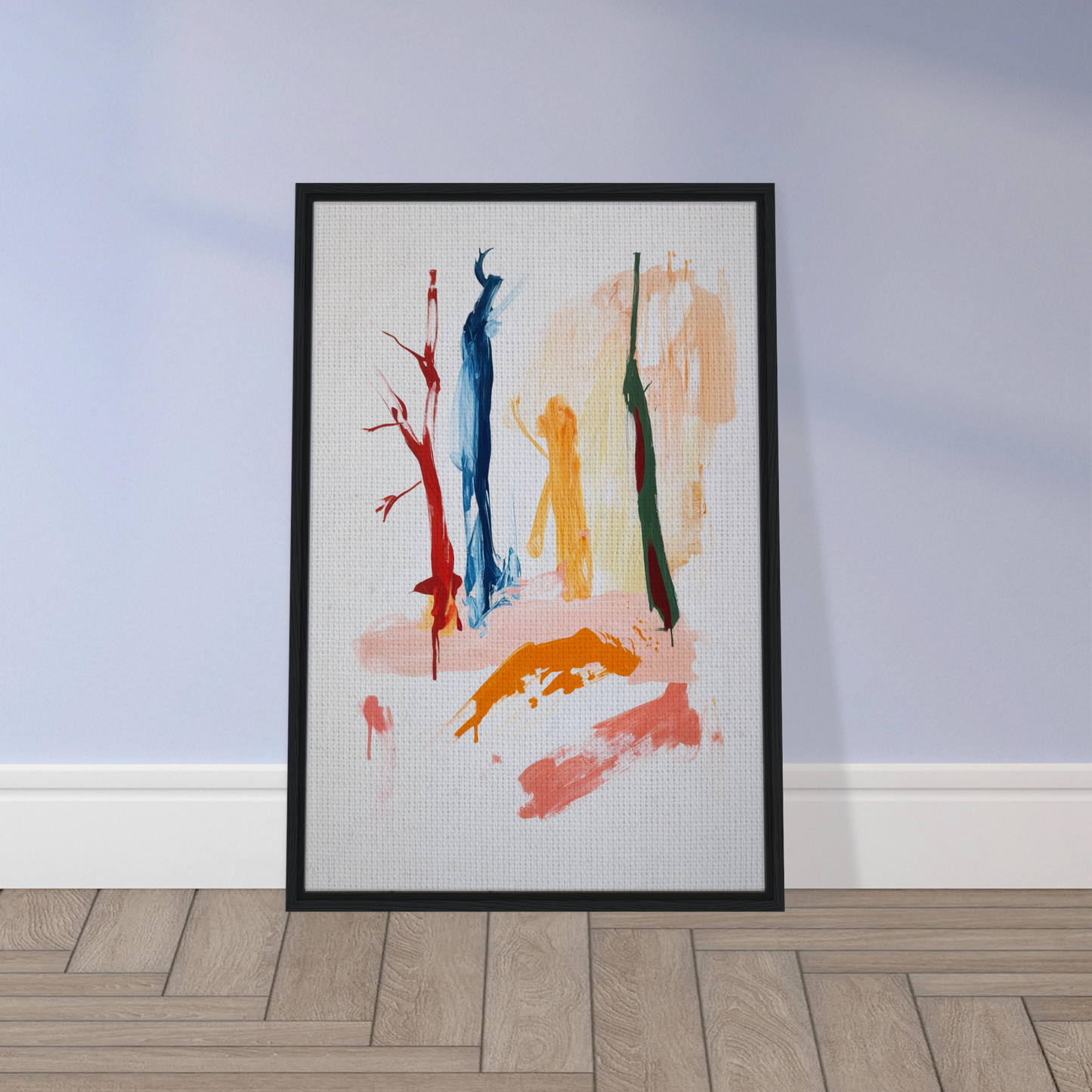 Framed canvas art titled Vibrant Reds Dance featuring colorful vertical shapes in decor