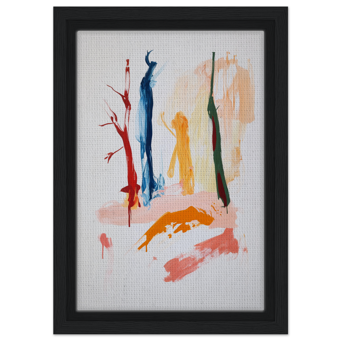 Abstract painting of vibrant reds dance with vertical brushstrokes on a white background