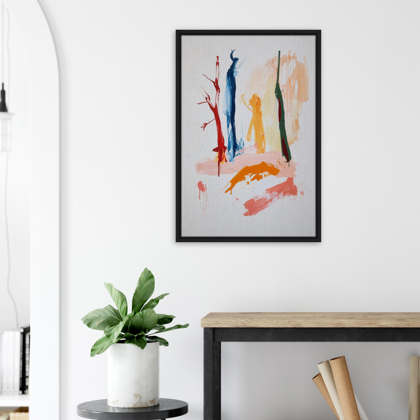 Abstract painting featuring vibrant reds dance in a black frame for stylish room decor