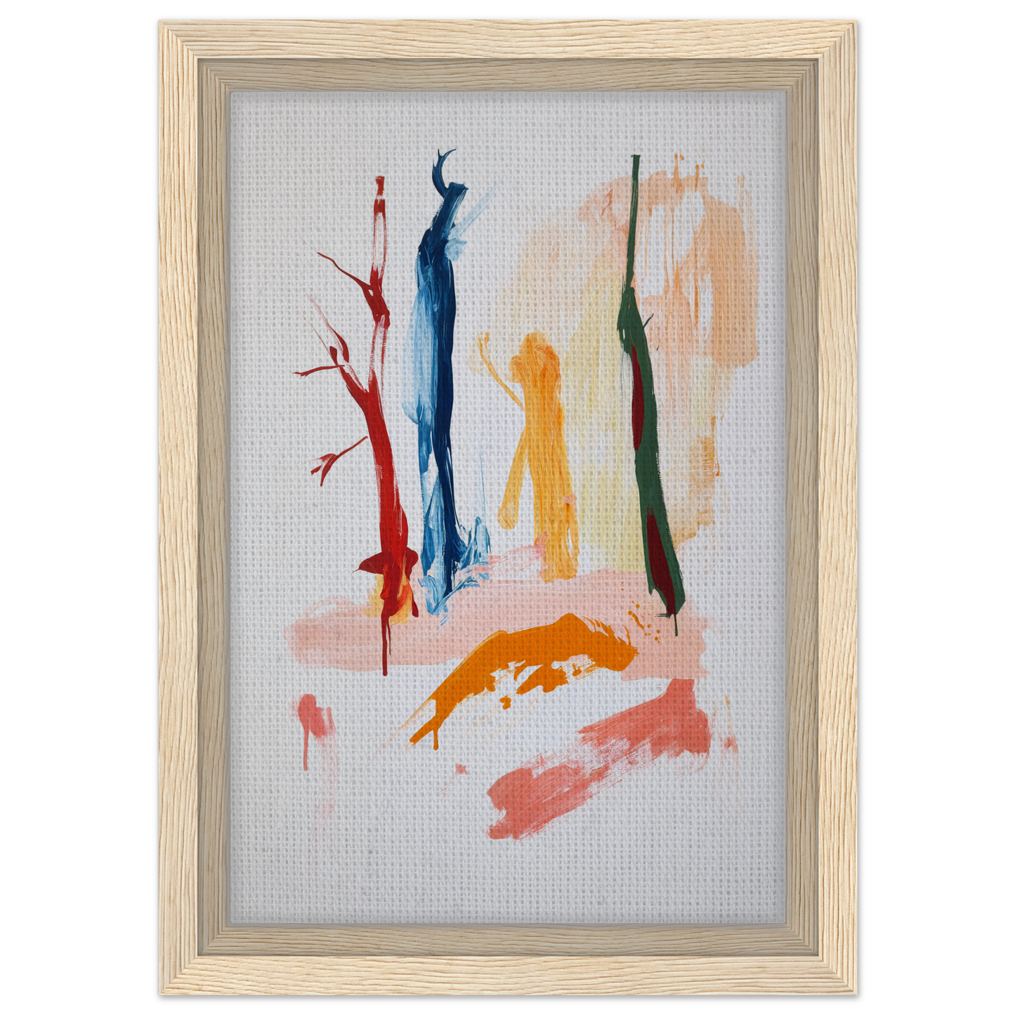 Abstract painting with colorful vertical brushstrokes in a wooden frame, Vibrant Reds Dance