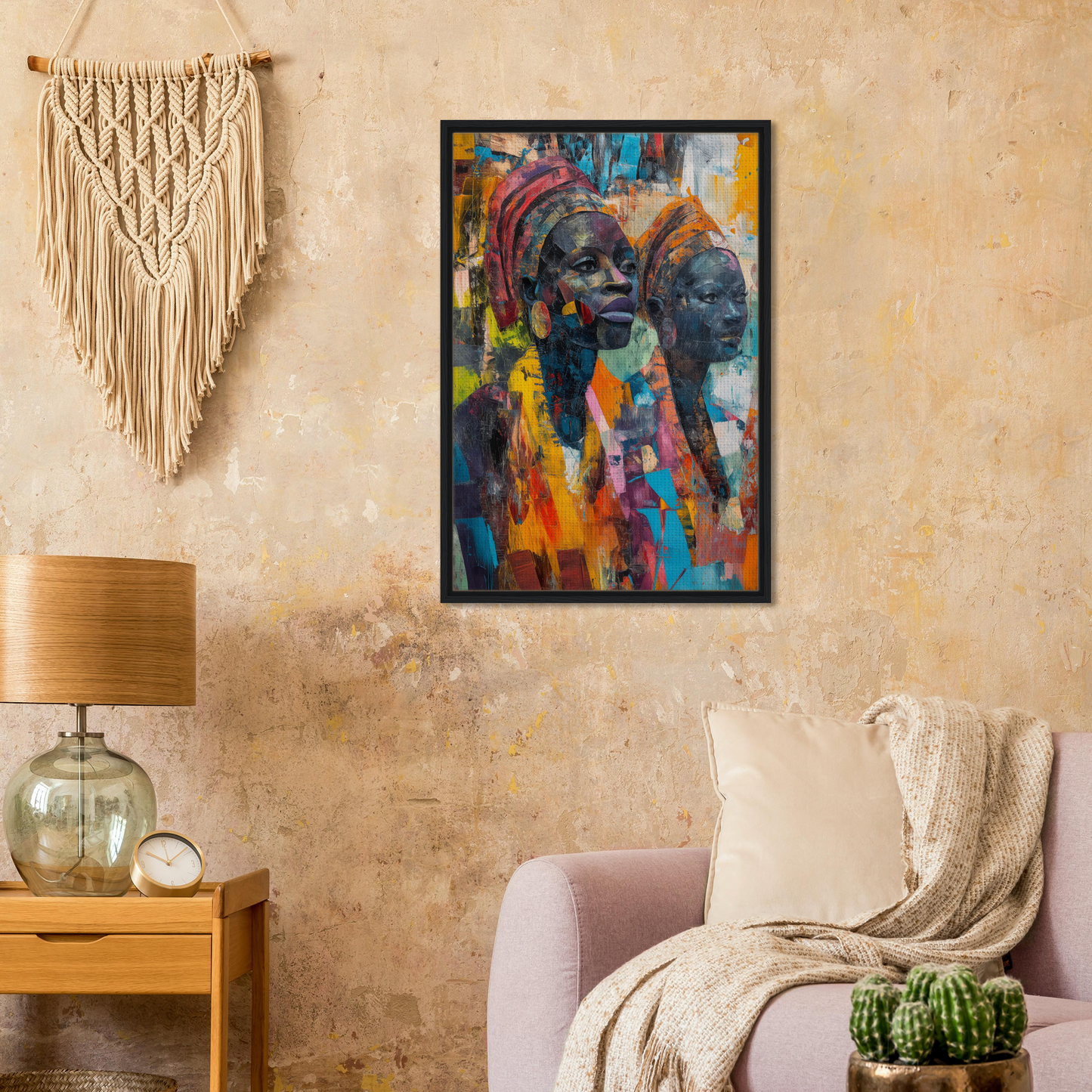 Colorful abstract portrait painting of two figures in Vibrant Sister Dreams framed poster wall art