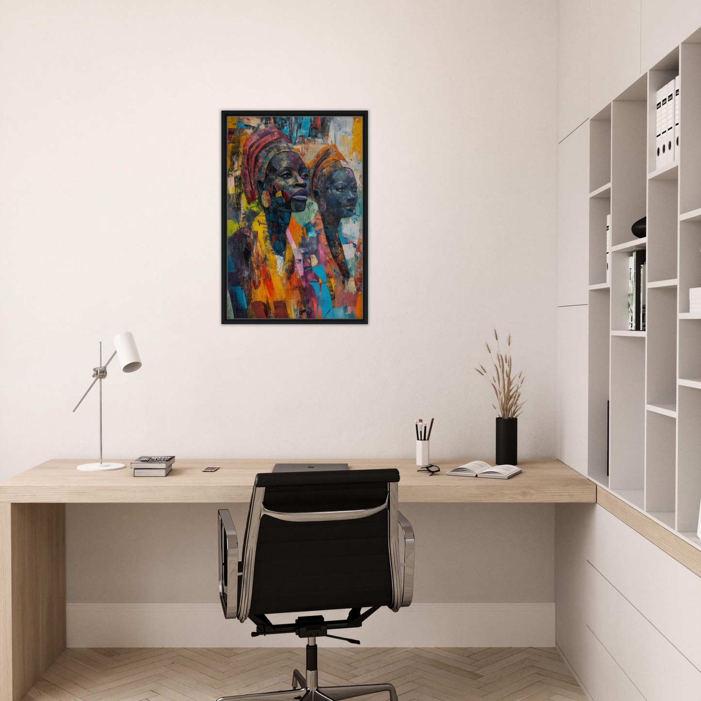 Colorful abstract gorilla face in a black frame for Vibrant Sister Dreams wall art