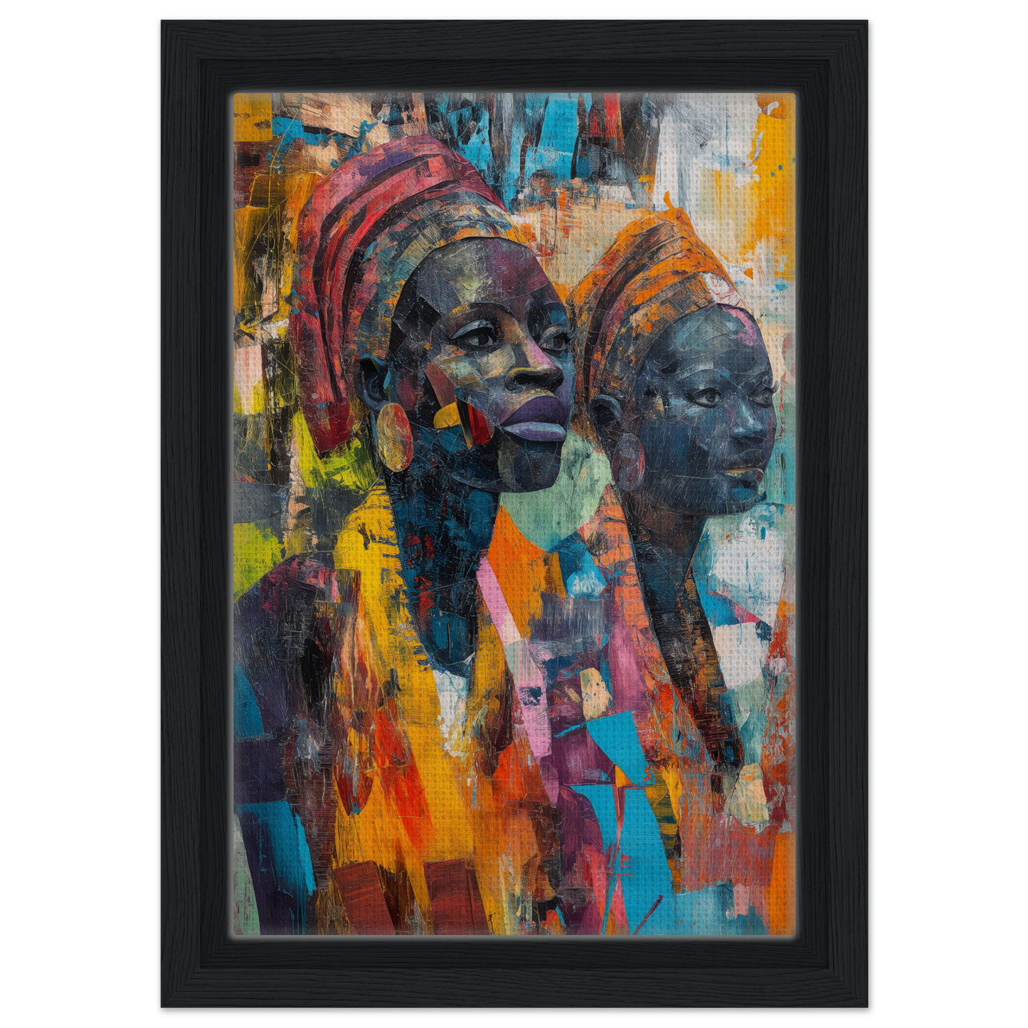 Colorful abstract painting of two African women with headscarves in Vibrant Sister Dreams