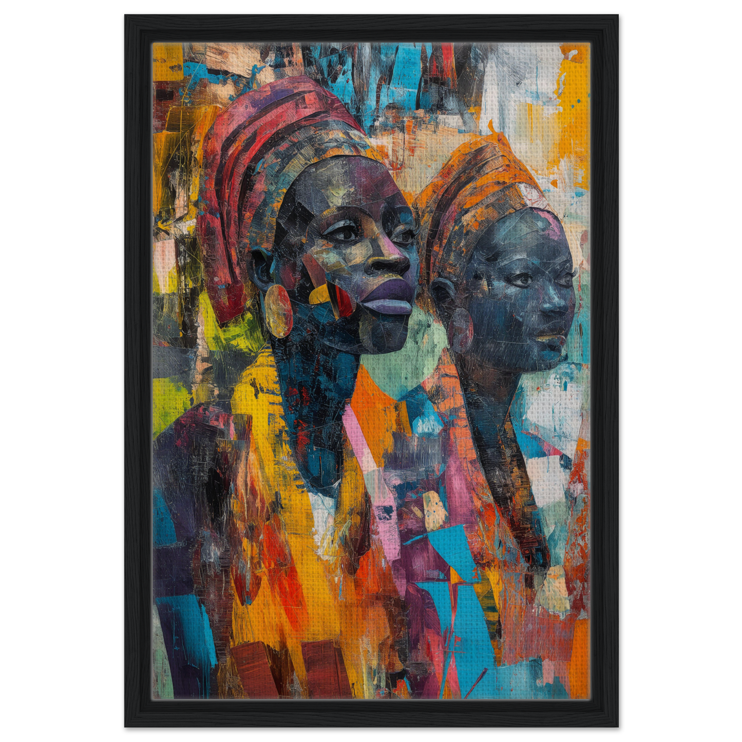 Colorful abstract portrait of two African women in vibrant headscarves for Vibrant Sister Dreams