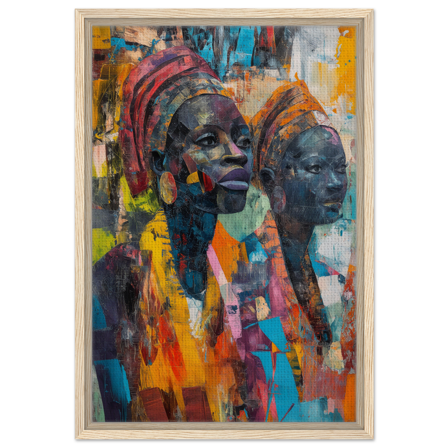 Colorful abstract portrait of two African figures in Vibrant Sister Dreams framed poster