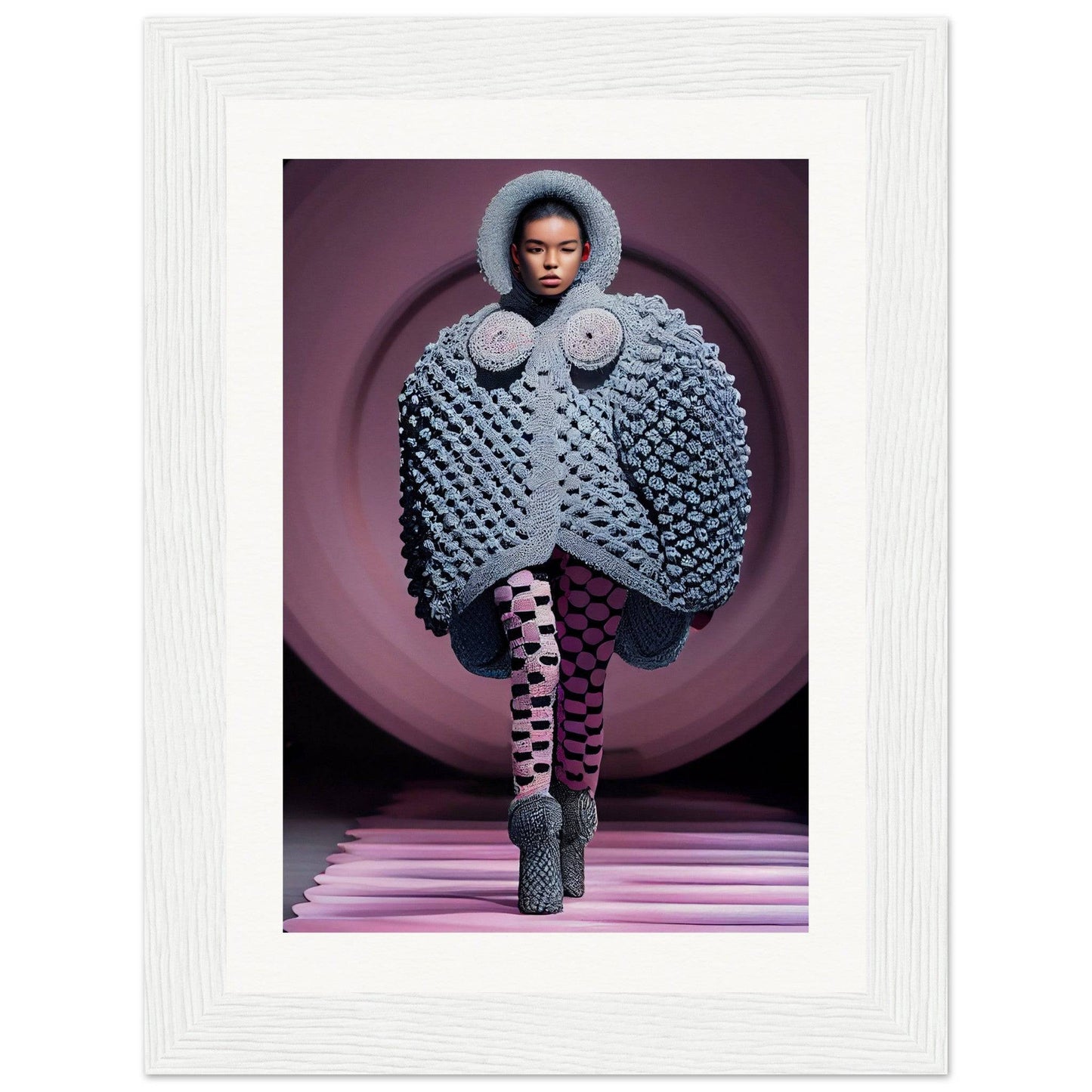 Avant-garde gray bubble coat with circular accents and a fur-trimmed hood.