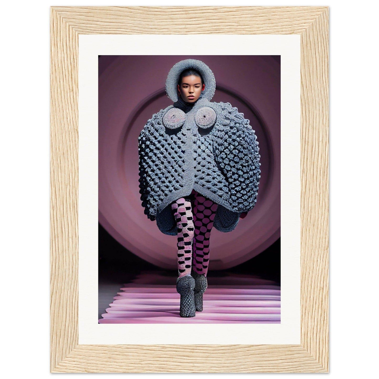 Avant-garde fashion ensemble featuring a voluminous textured coat with a fur-trimmed hood and circular details.