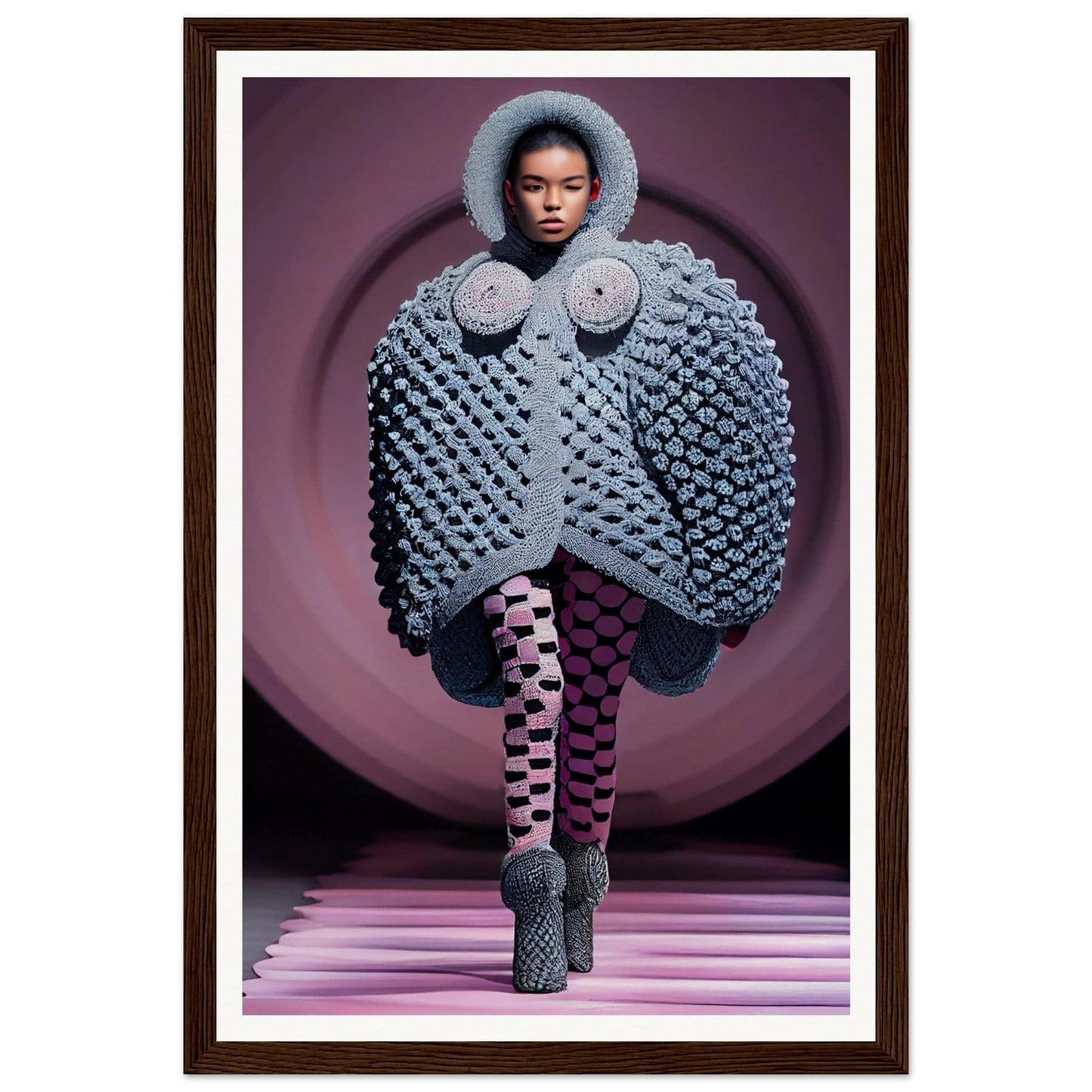 Striking avant-garde knitted outfit with exaggerated bubble-like texture and a fur-trimmed hood.