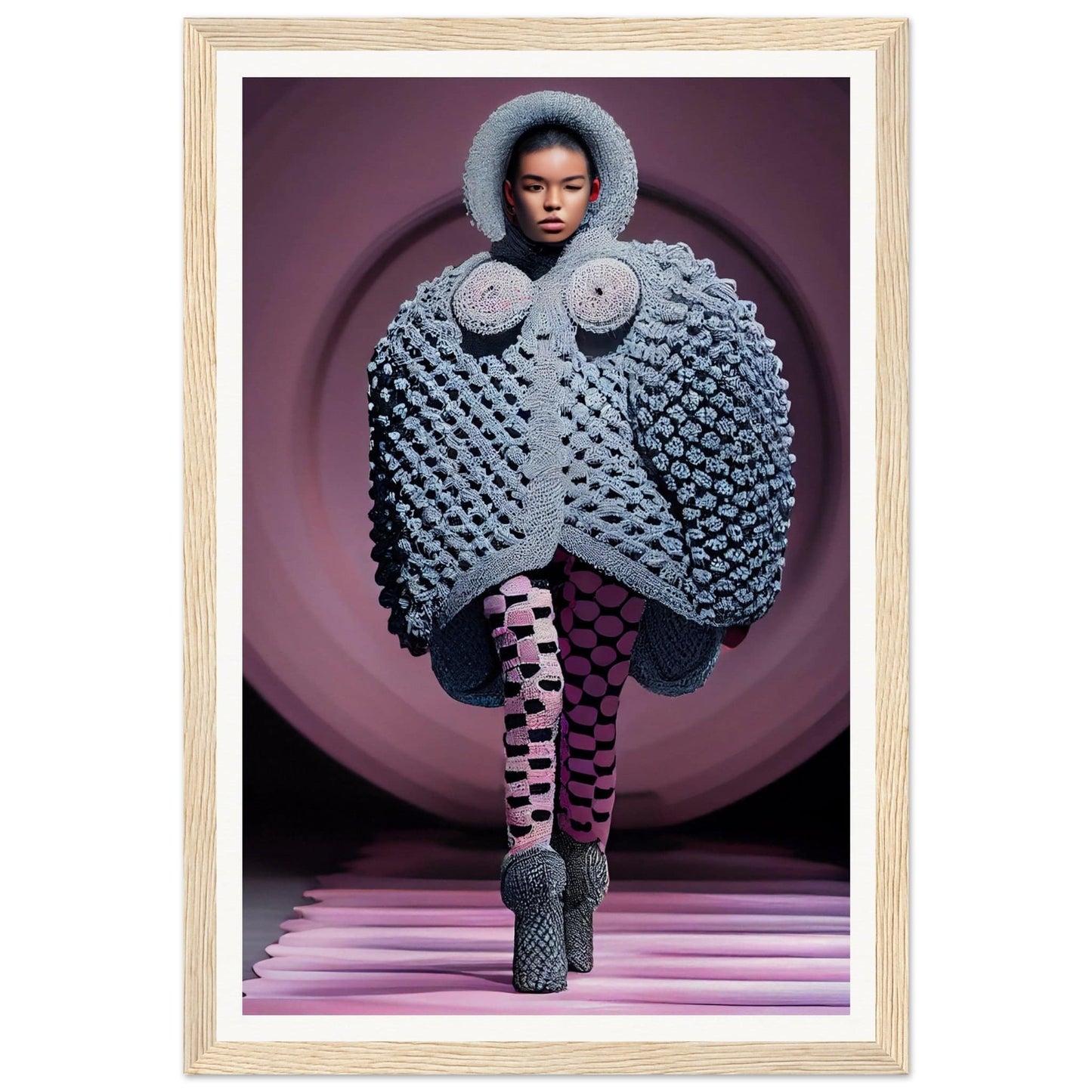 Avant-garde knitted coat with exaggerated bubble-like texture and fur-trimmed hood.