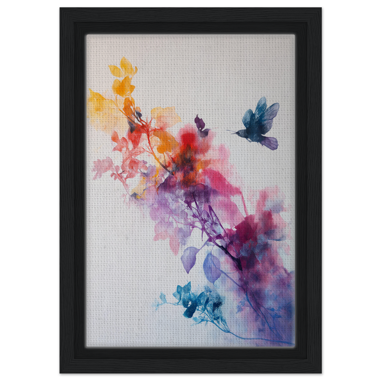 Framed canvas print of a watercolor painting featuring floral shapes and a hummingbird