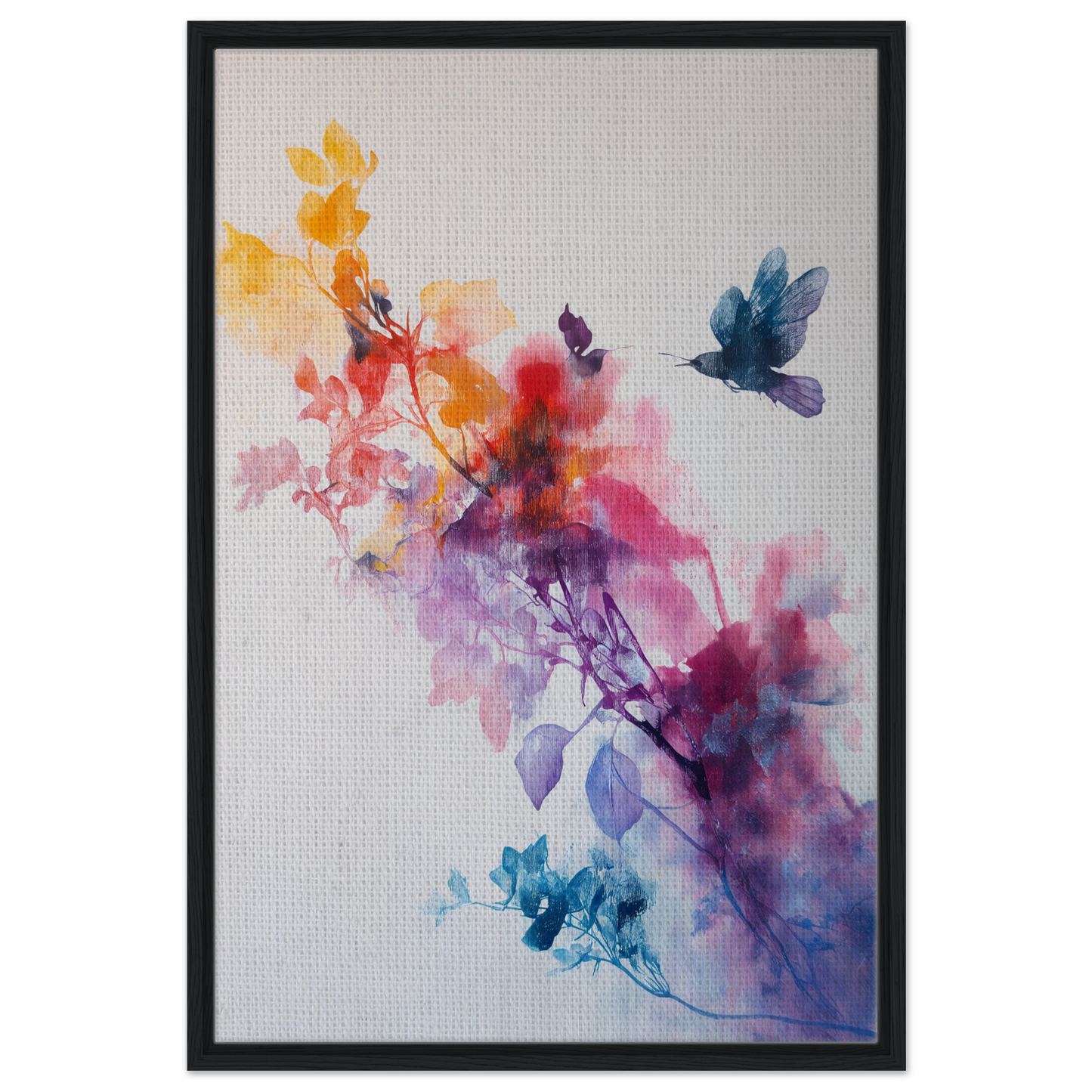 Watercolor painting of vibrant flowers and a butterfly for Violet Flight Poems framed print