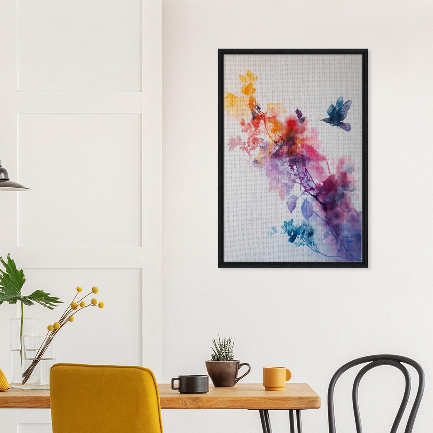 Framed canvas print of colorful abstract birds in Violet Flight Poems artwork