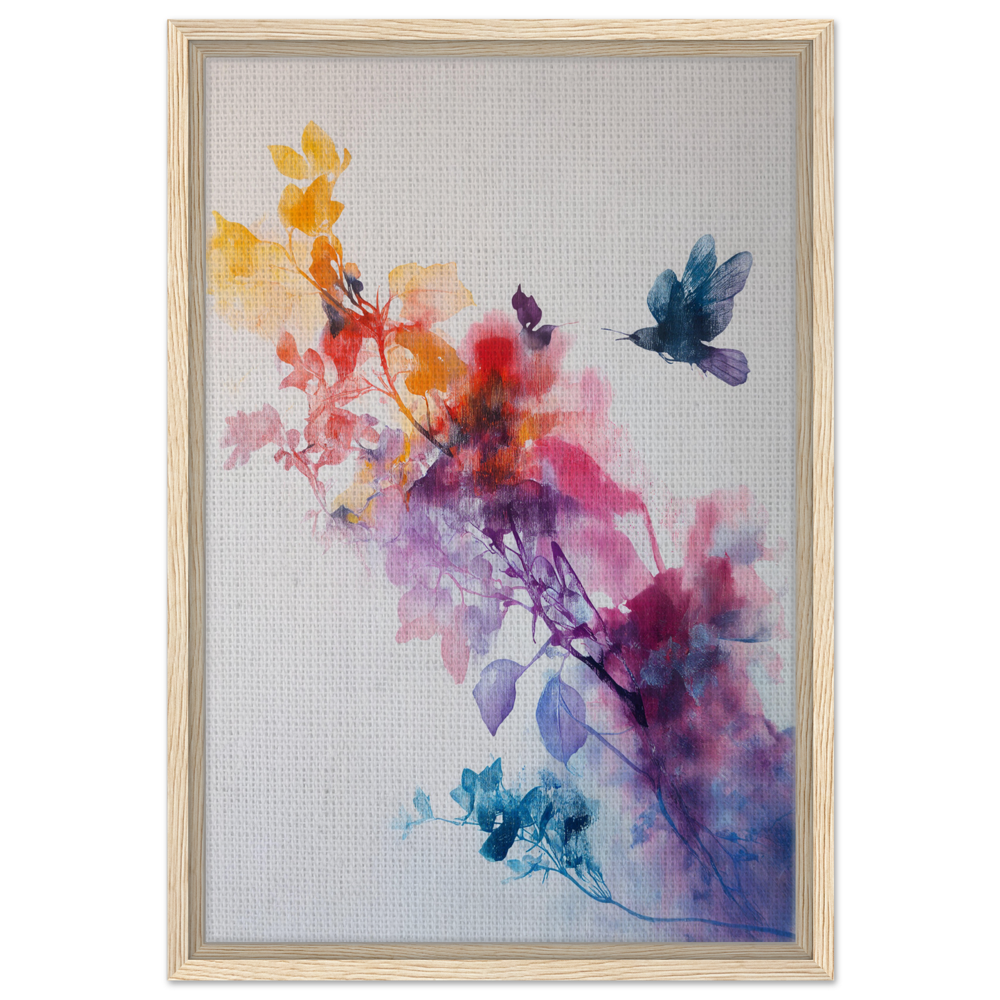 Framed watercolor painting of colorful florals and bird for Violet Flight Poems room decor