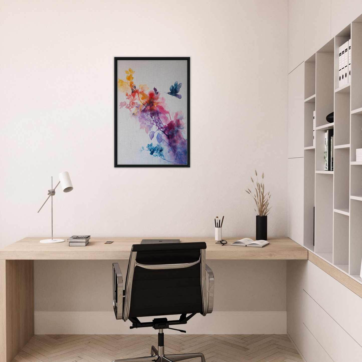 Minimalist home office workspace featuring Violet Flight Poems and framed canvas wall decor