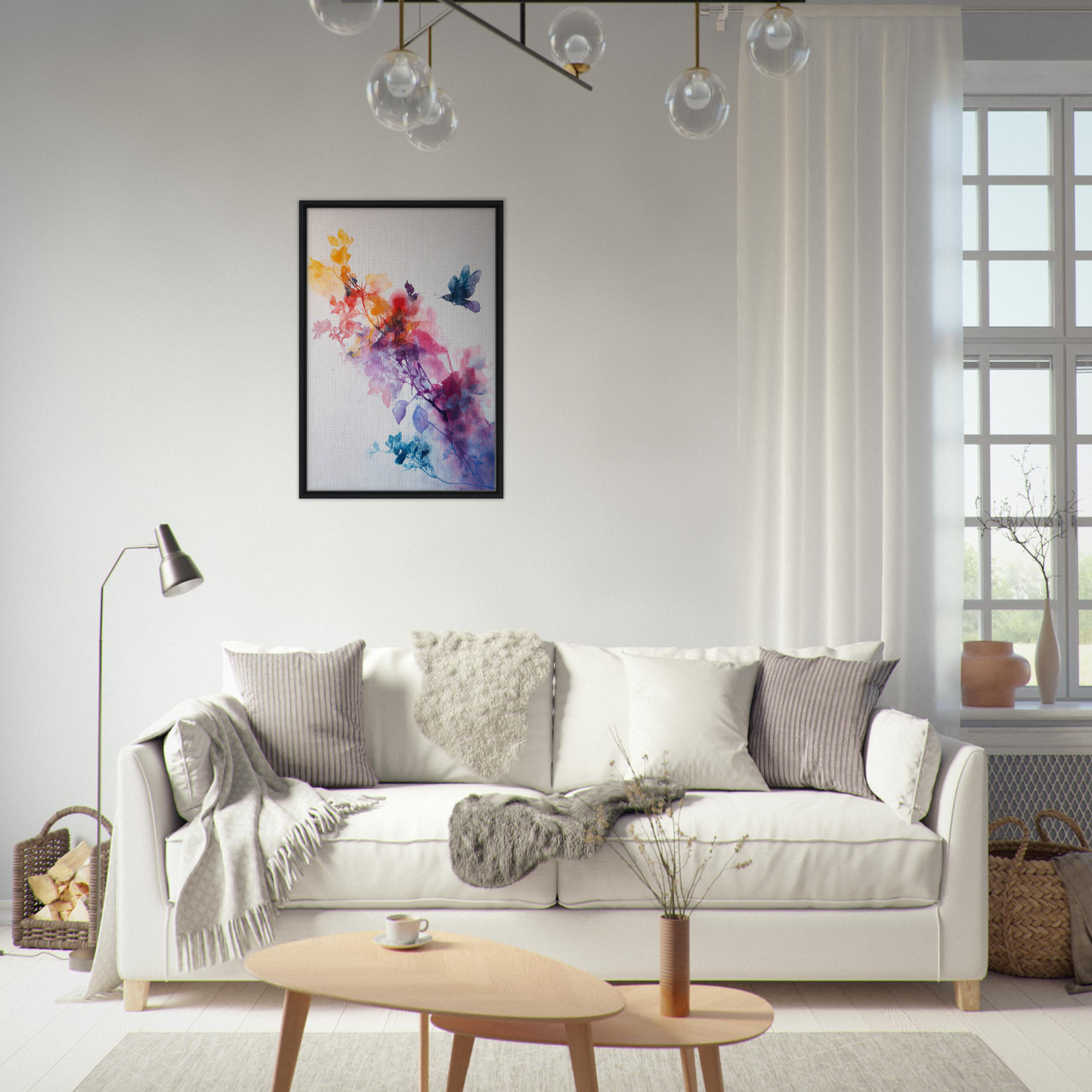 Elegant white sofa adorned with throw pillows and blankets for Violet Flight Poems decor
