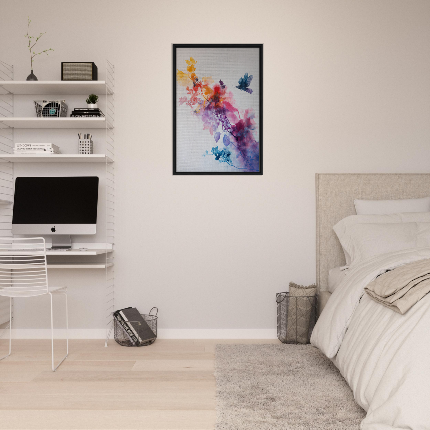 Colorful abstract watercolor painting in a black frame for Violet Flight Poems