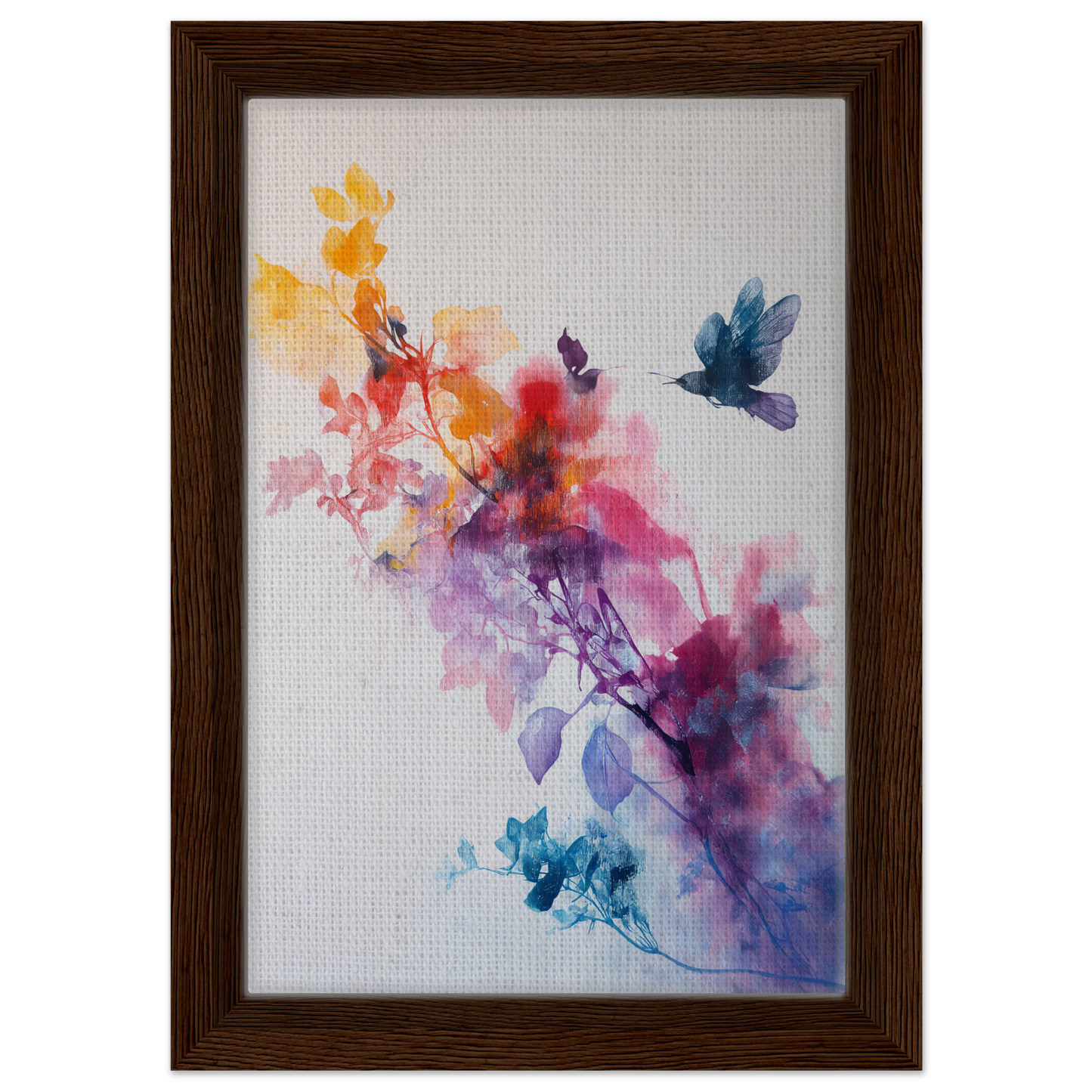 Framed watercolor painting of vibrant flowers and a hummingbird from Violet Flight Poems