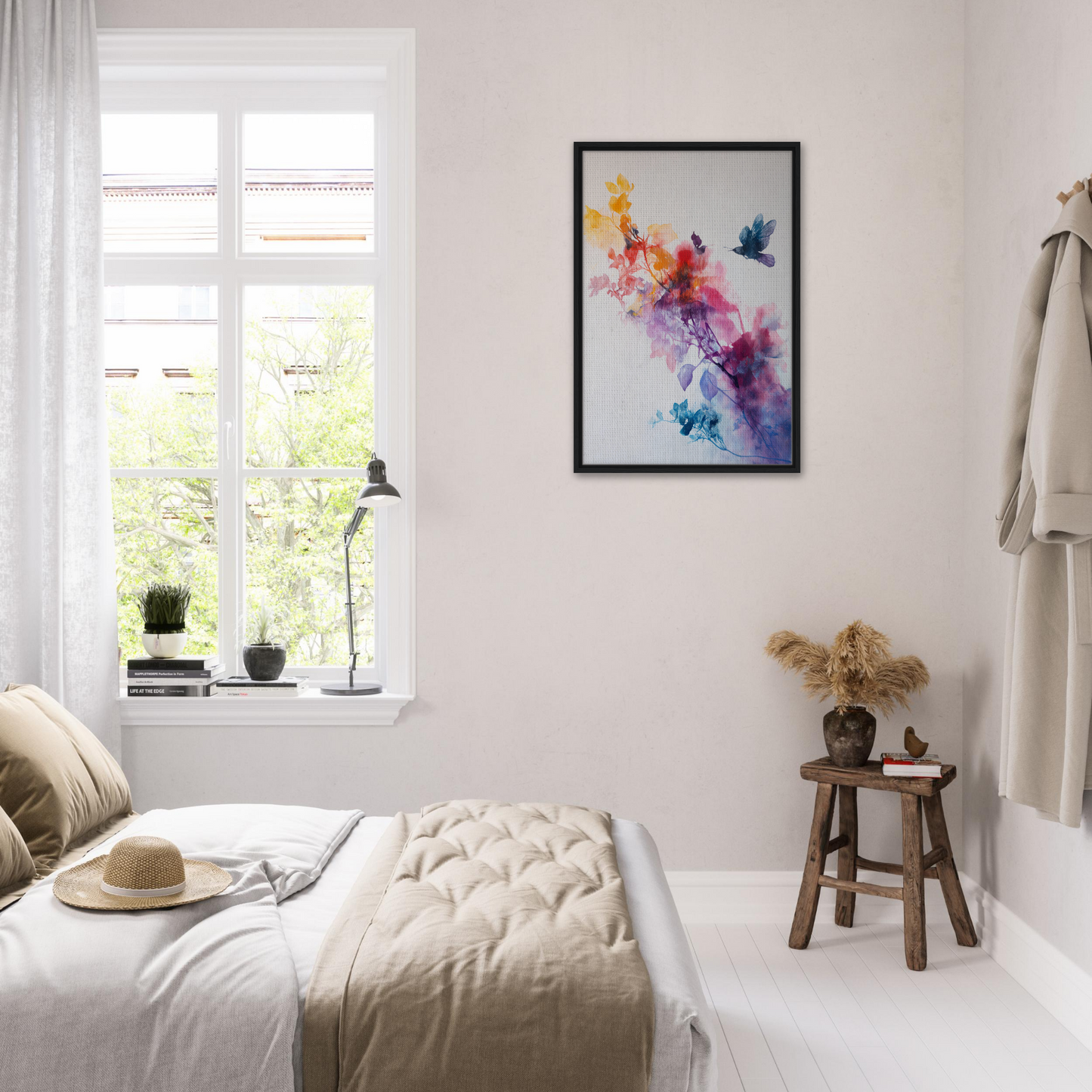 Bright, colorful abstract watercolor painting in a black frame for Violet Flight Poems room decor