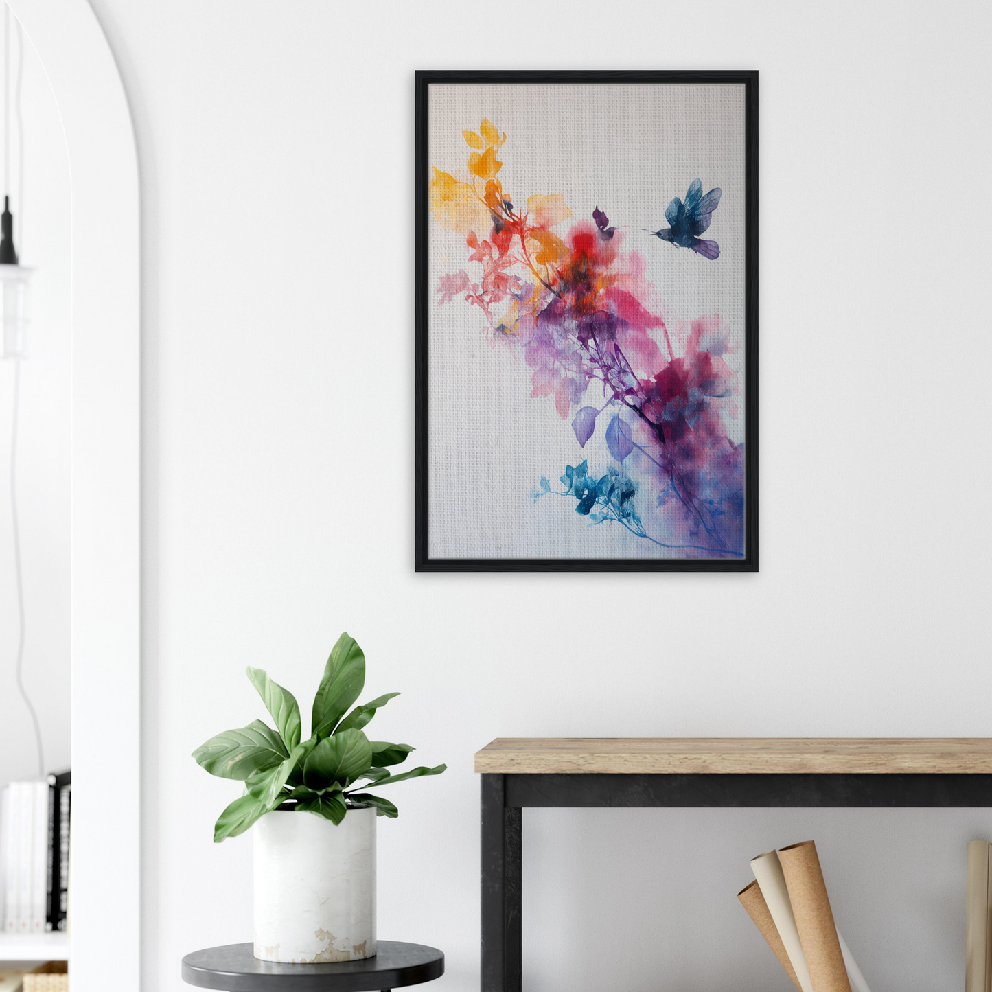 Framed canvas print of vibrant watercolor art for Violet Flight Poems decor