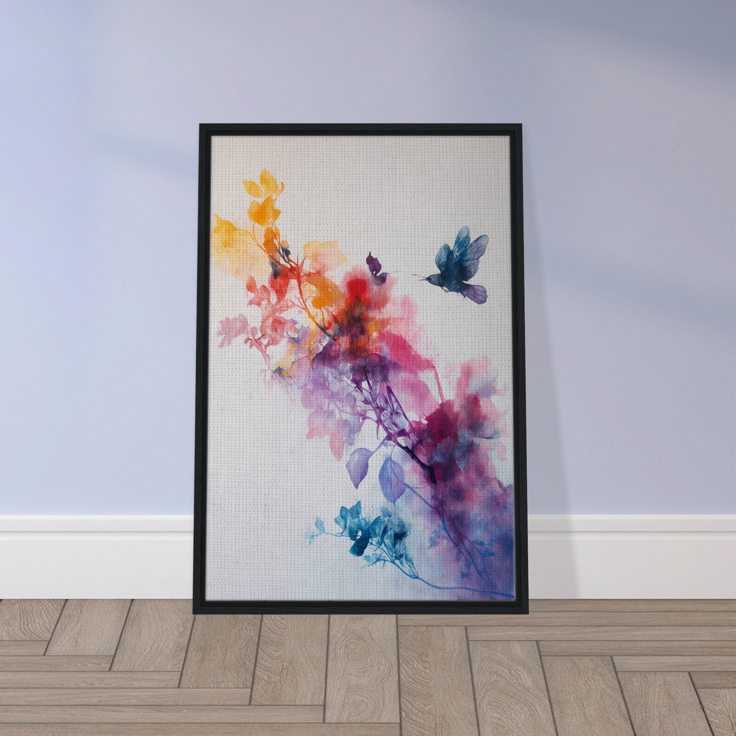 Framed watercolor painting of flowers and a bird for Violet Flight Poems room decor