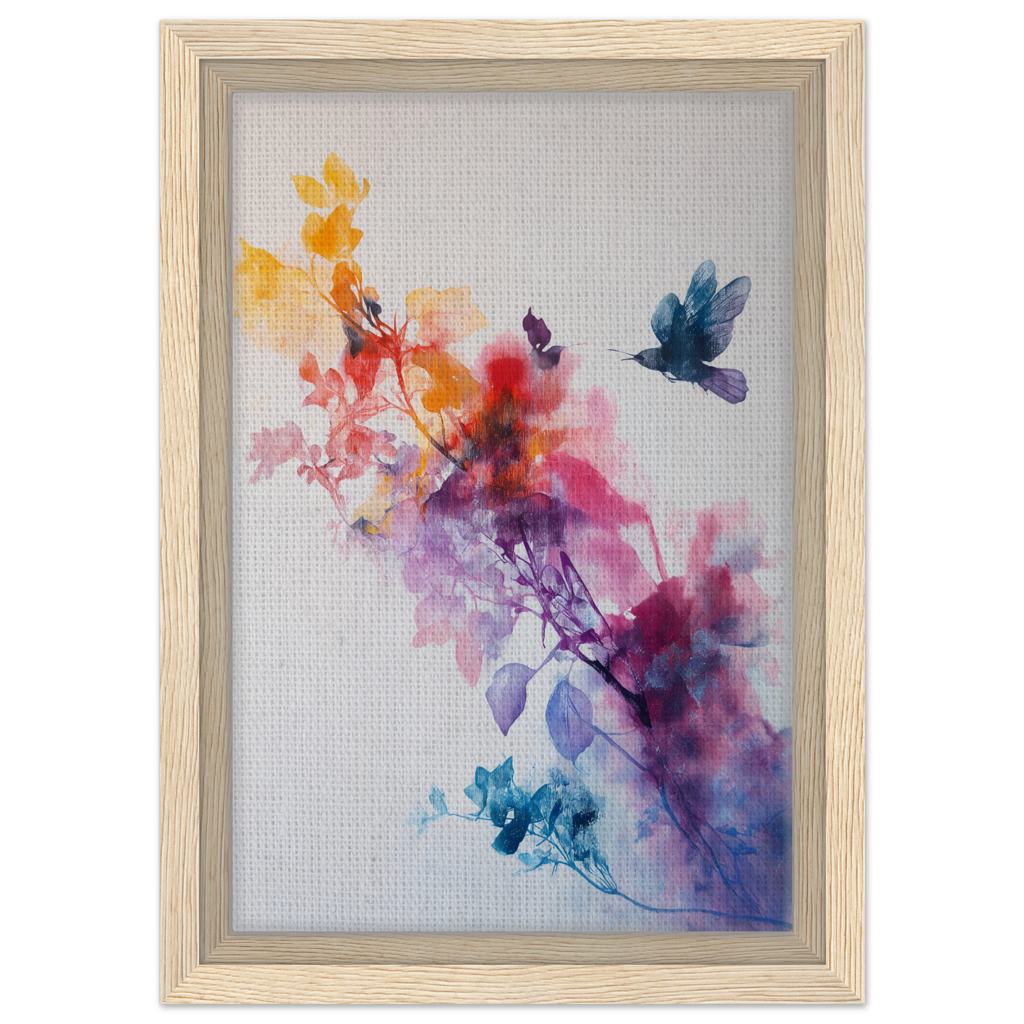 Framed watercolor painting of colorful flowers and a hummingbird for Violet Flight Poems room decor