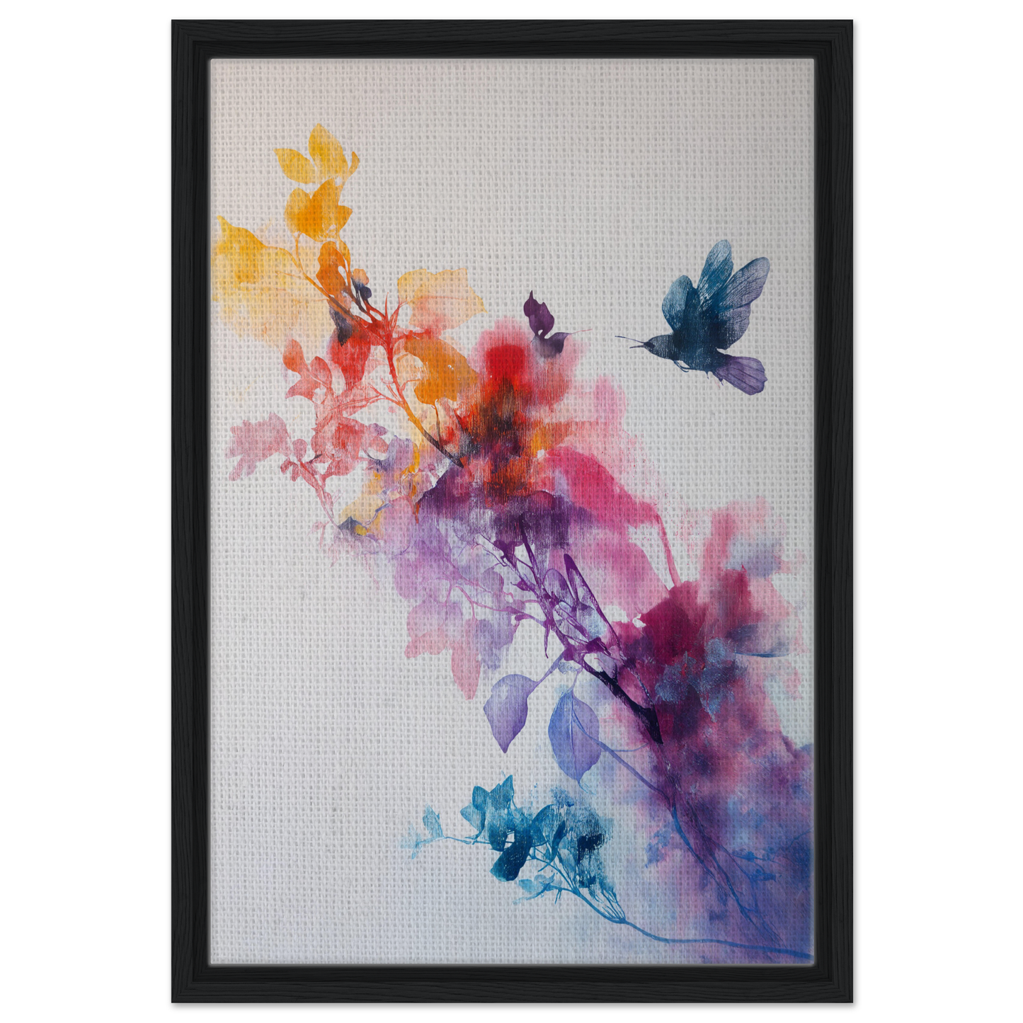 Framed canvas print of colorful abstract florals and a hummingbird in Violet Flight Poems