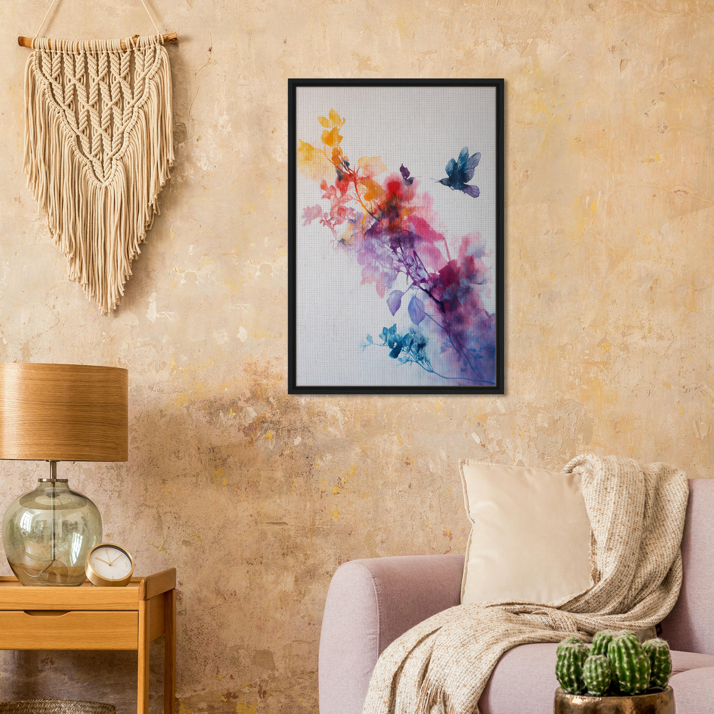 Framed canvas print of vibrant abstract flowers and hummingbirds for Violet Flight Poems