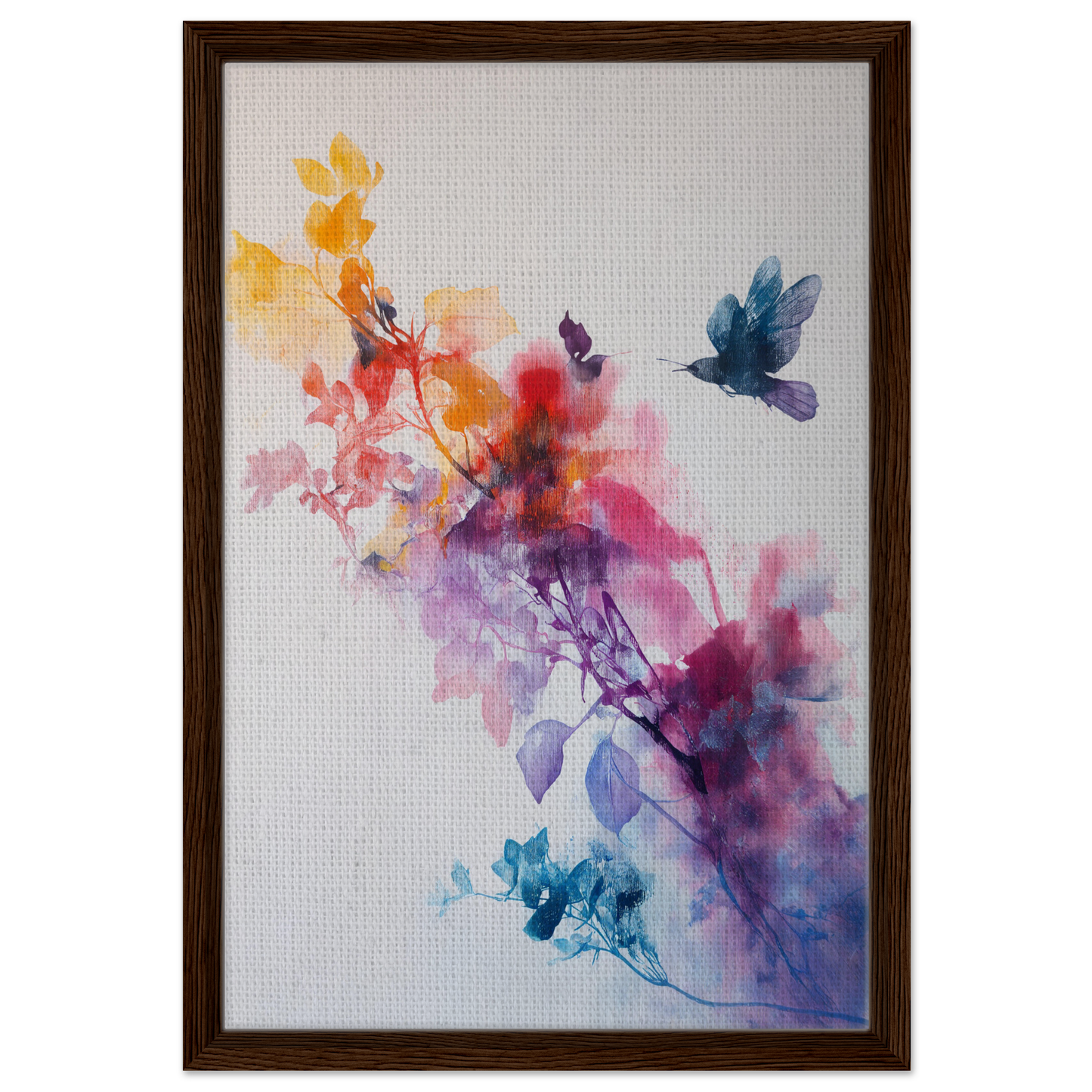 Framed watercolor painting of colorful flowers and bird for Violet Flight Poems room decor