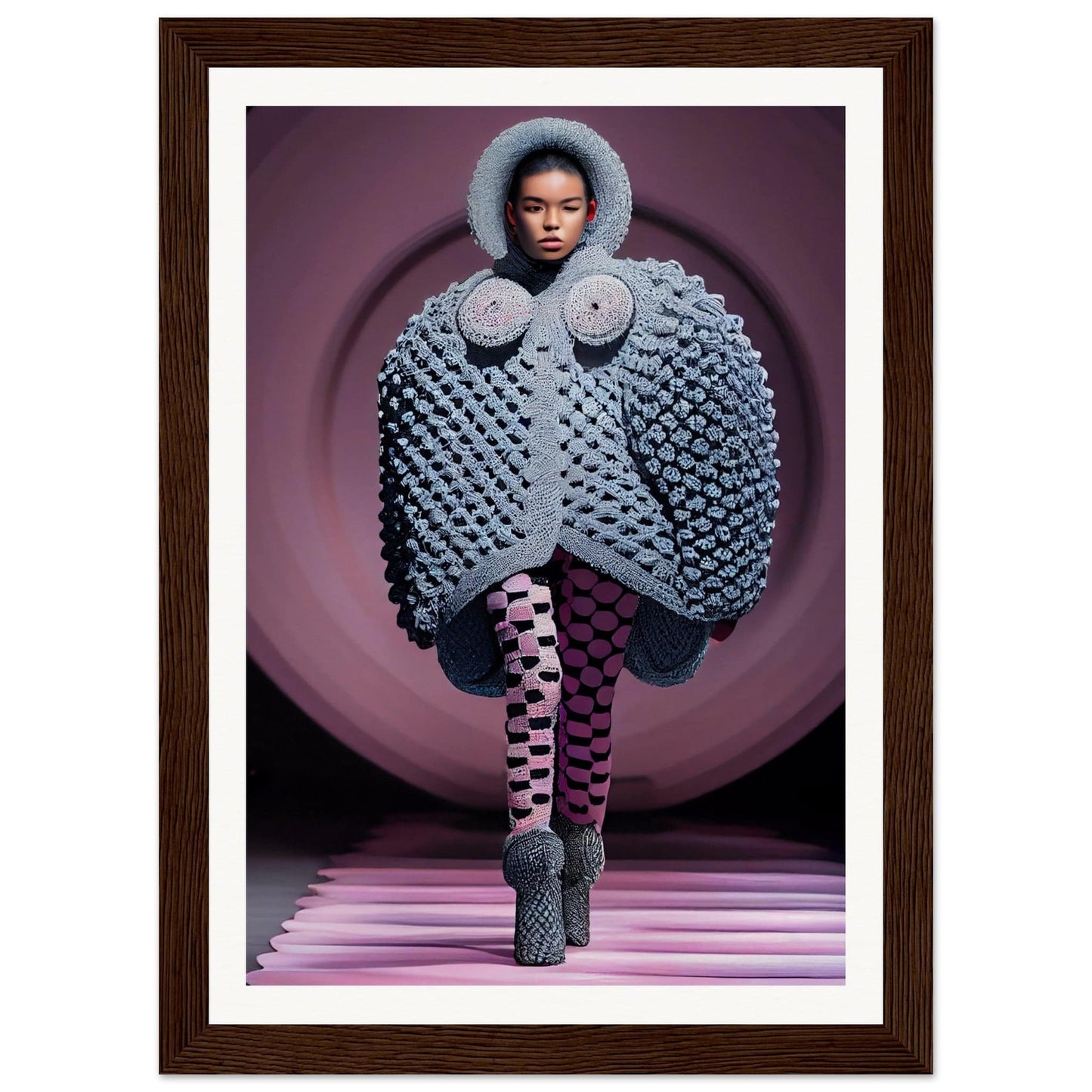 A textured, bubble-like gray coat with an oversized hood and circular chest details.