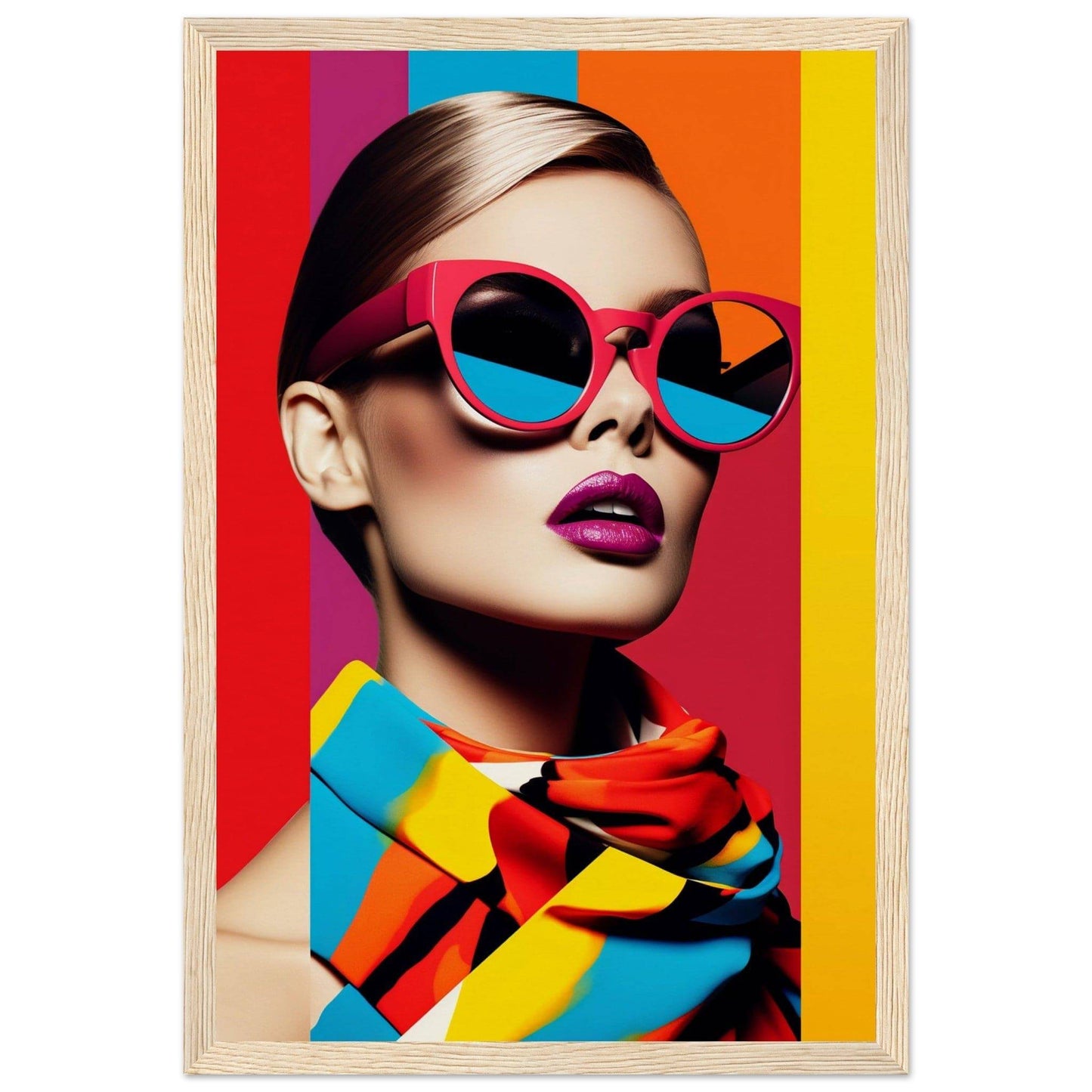 Stylish woman wearing vibrant red sunglasses and colorful striped scarf against a rainbow background.
