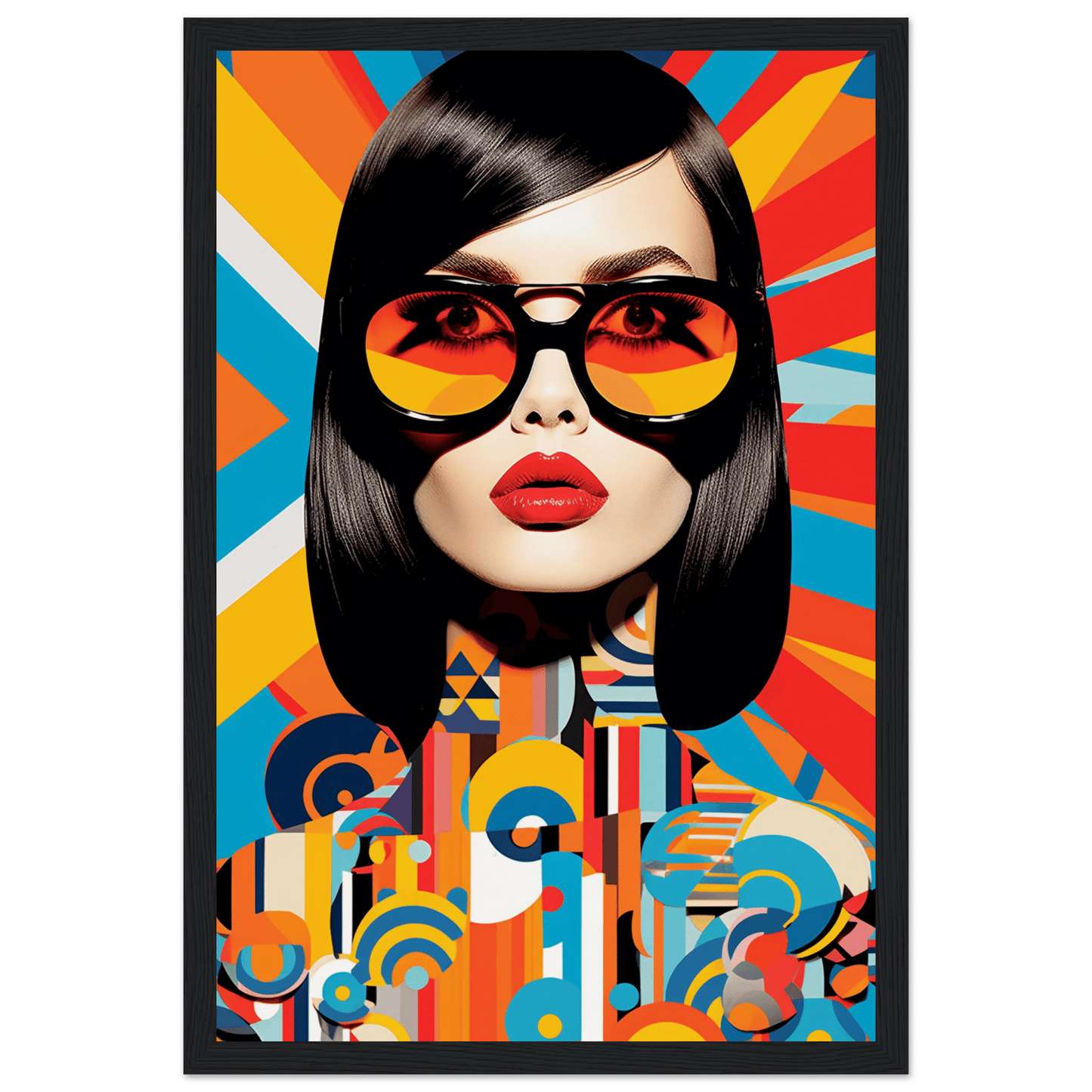 Stylized portrait of a woman wearing colorful sunglasses against a vibrant geometric background.