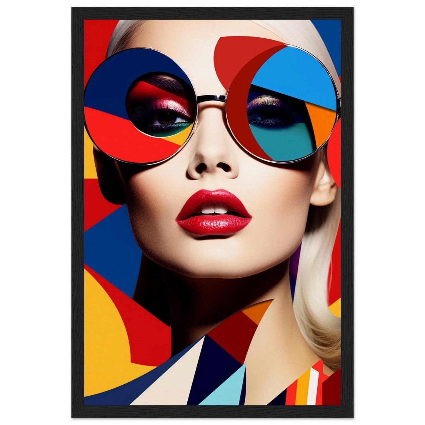 Colorful portrait featuring oversized geometric sunglasses and bright red lips.