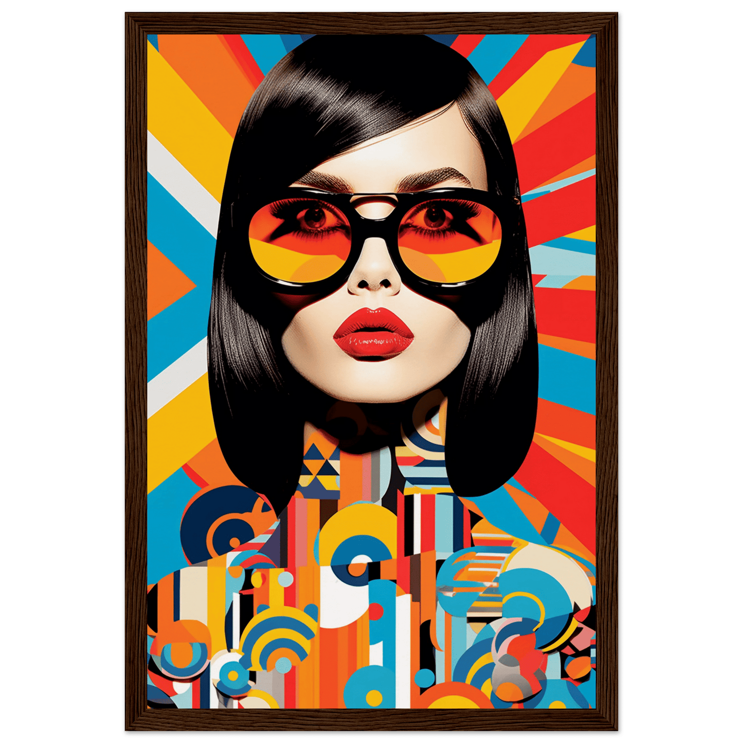 Stylized portrait of a woman wearing colorful sunglasses against a vibrant geometric background.
