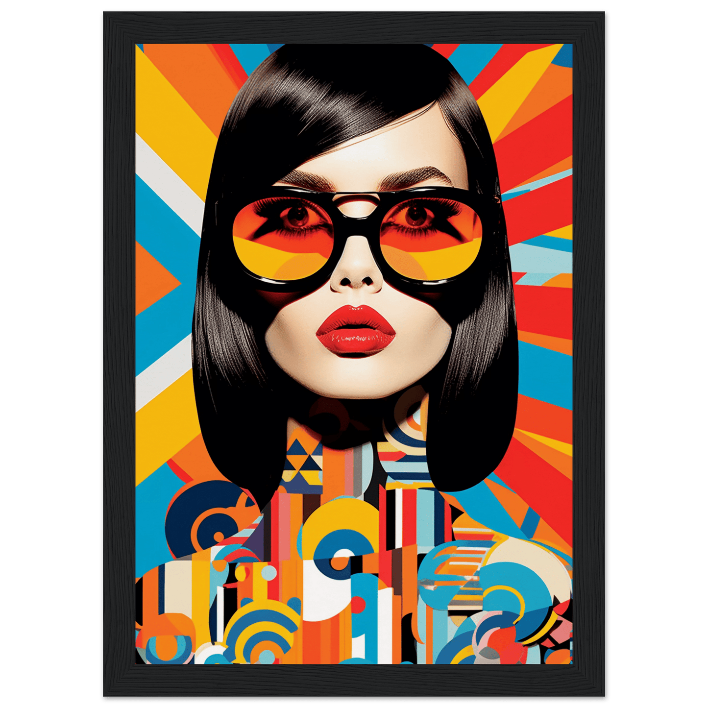 Stylized portrait of a woman with sunglasses against a colorful geometric background.