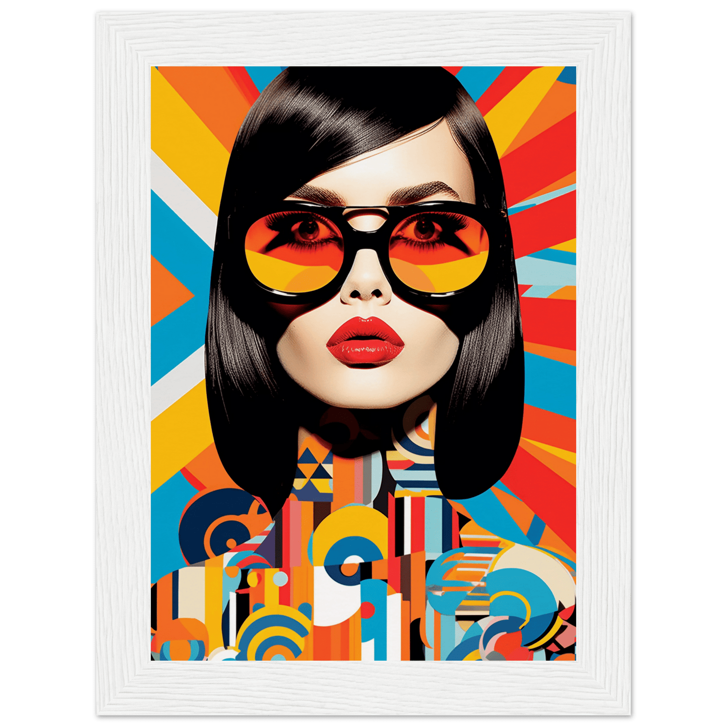 Stylized pop art portrait of a woman with sunglasses and vibrant geometric patterns.