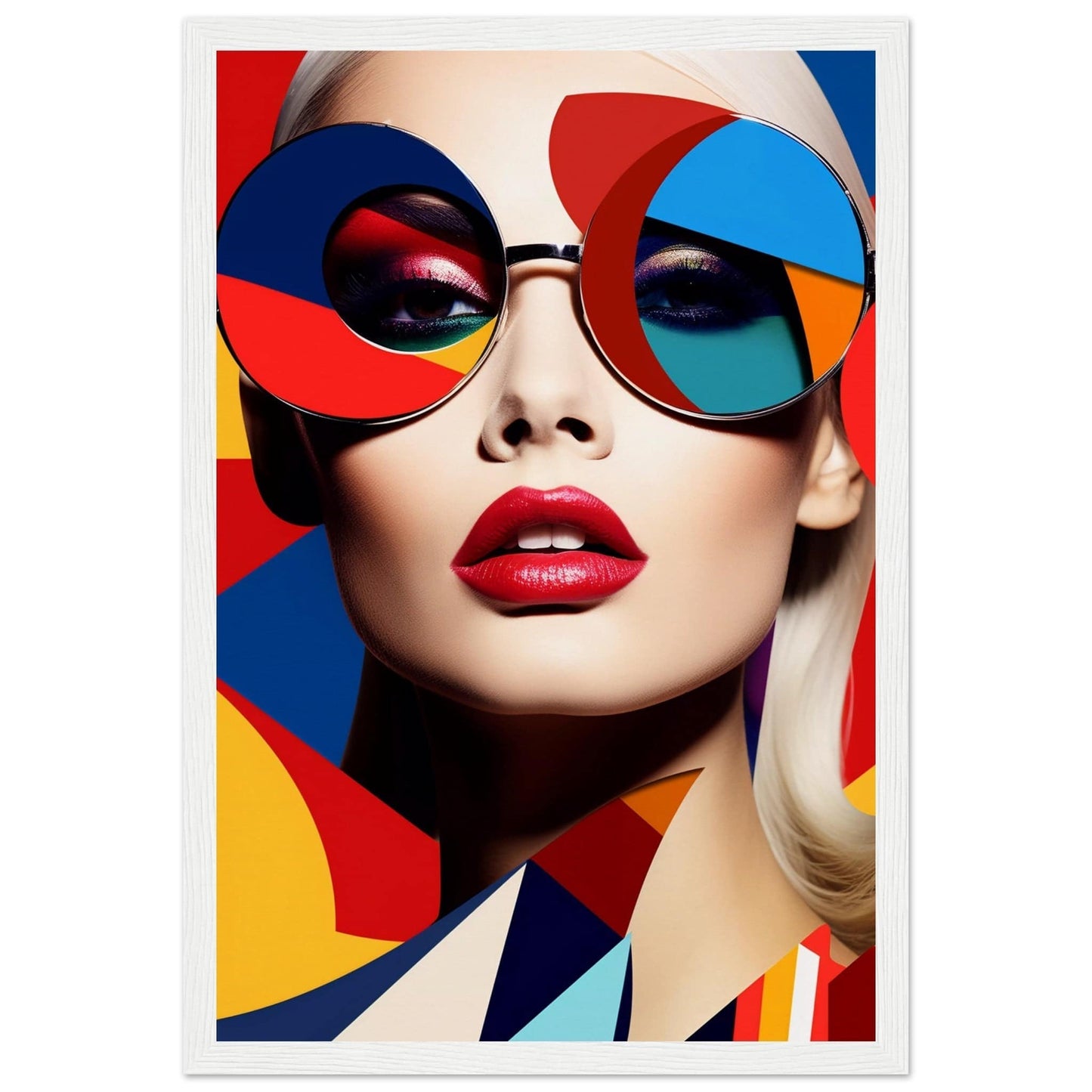 Colorful portrait featuring oversized geometric sunglasses and bright red lips.