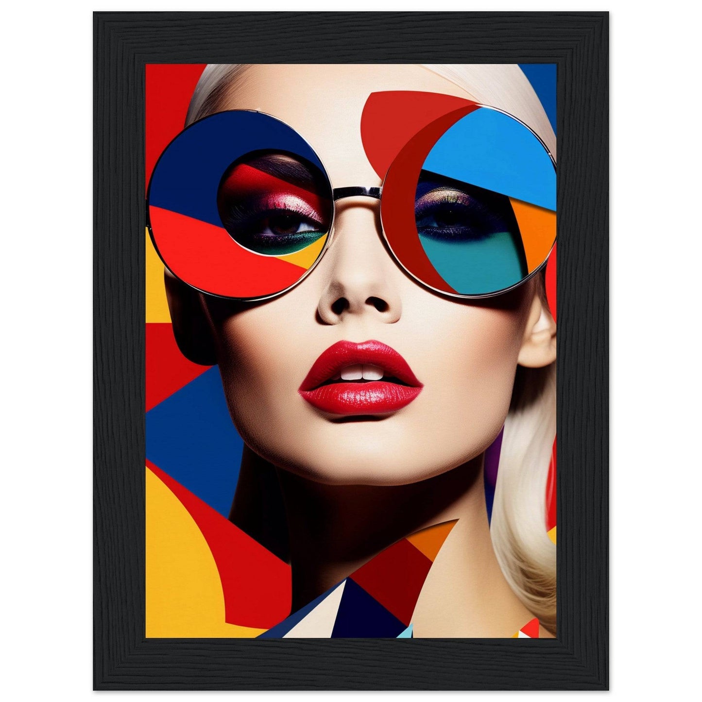 Colorful portrait featuring a woman wearing vibrant geometric sunglasses and bright red lipstick.