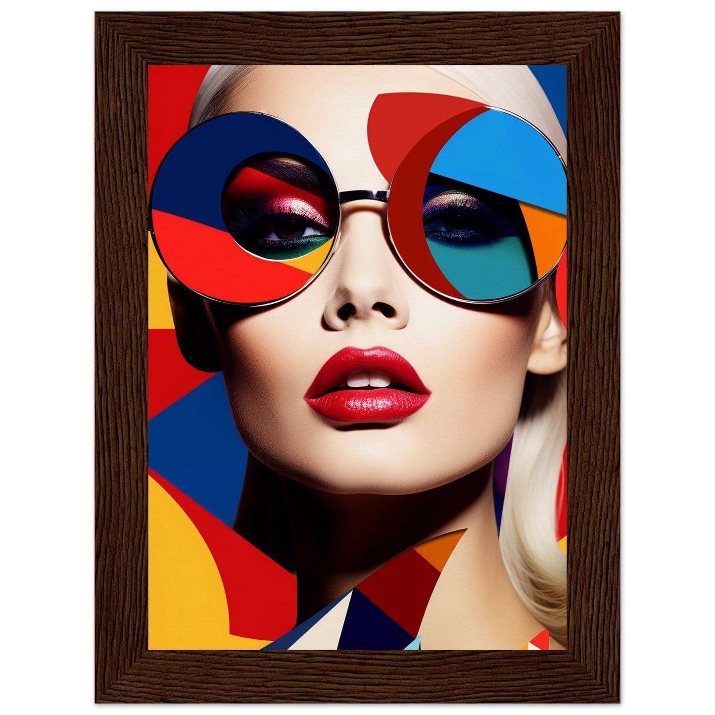 Colorful portrait of a woman wearing vibrant geometric sunglasses and bright red lipstick.
