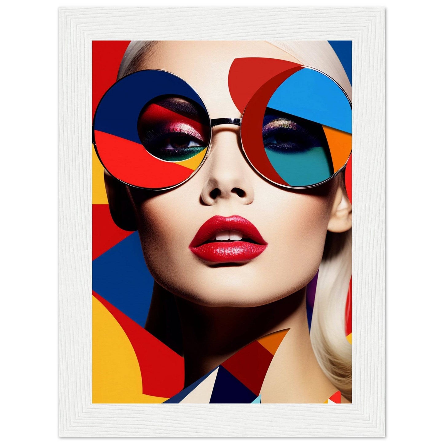 Colorful portrait of a woman wearing vibrant geometric sunglasses and bright red lipstick.